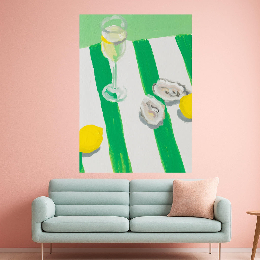 Fresh Oyster Shell Art Canvas, Lemon and Wine Glass Painting, Oyster Print Wall Art, Coastal Oyster Decor, Oyster Shell Wall Art Canvas