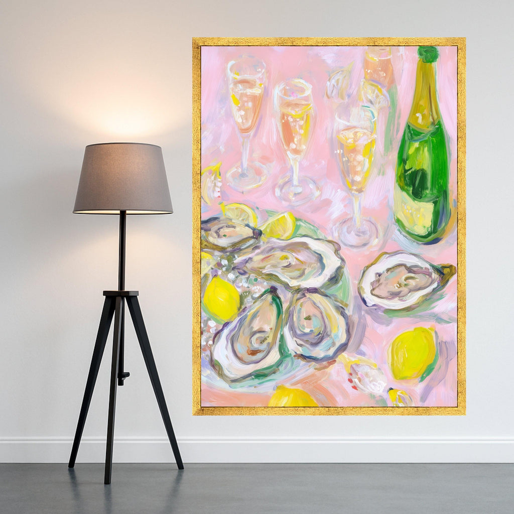 Elegant Oyster Art Canvas, Champagne and Lemon Oyster Shell Wall Art, Coastal Oyster Decor, Oyster Print, Nautical Canvas Decoration