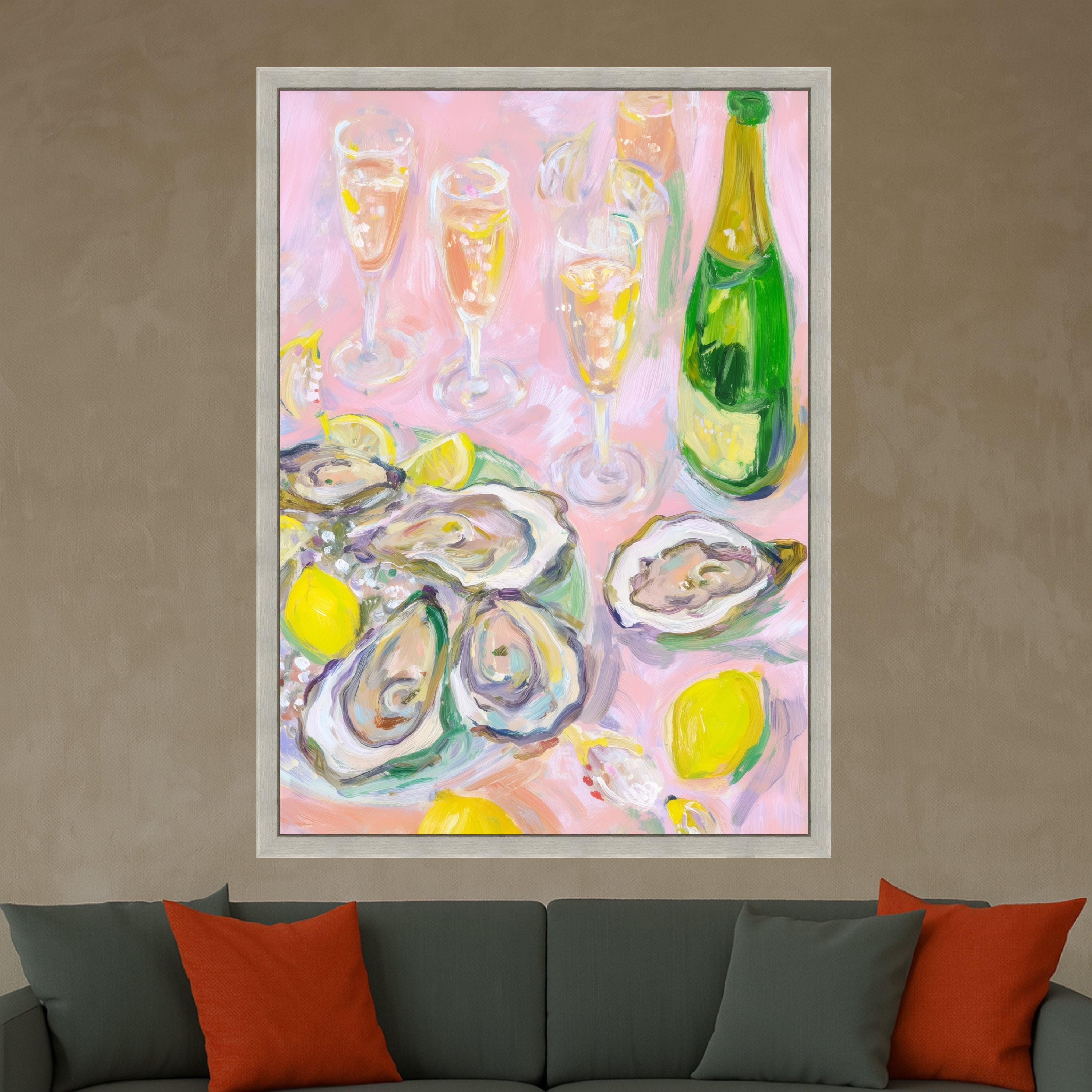 Elegant Oyster Art Canvas, Champagne and Lemon Oyster Shell Wall Art, Coastal Oyster Decor, Oyster Print, Nautical Canvas Decoration