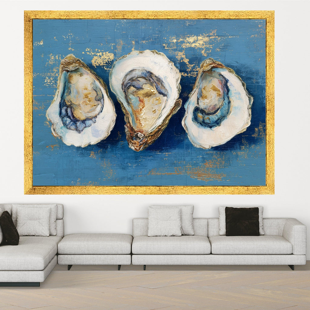 Elegant Oyster Art Canvas, Oyster Shell Wall Art, Coastal Oyster Print, Marine Decor, Blue and Gold Oyster Prints, Nautical Canvas Wall Art