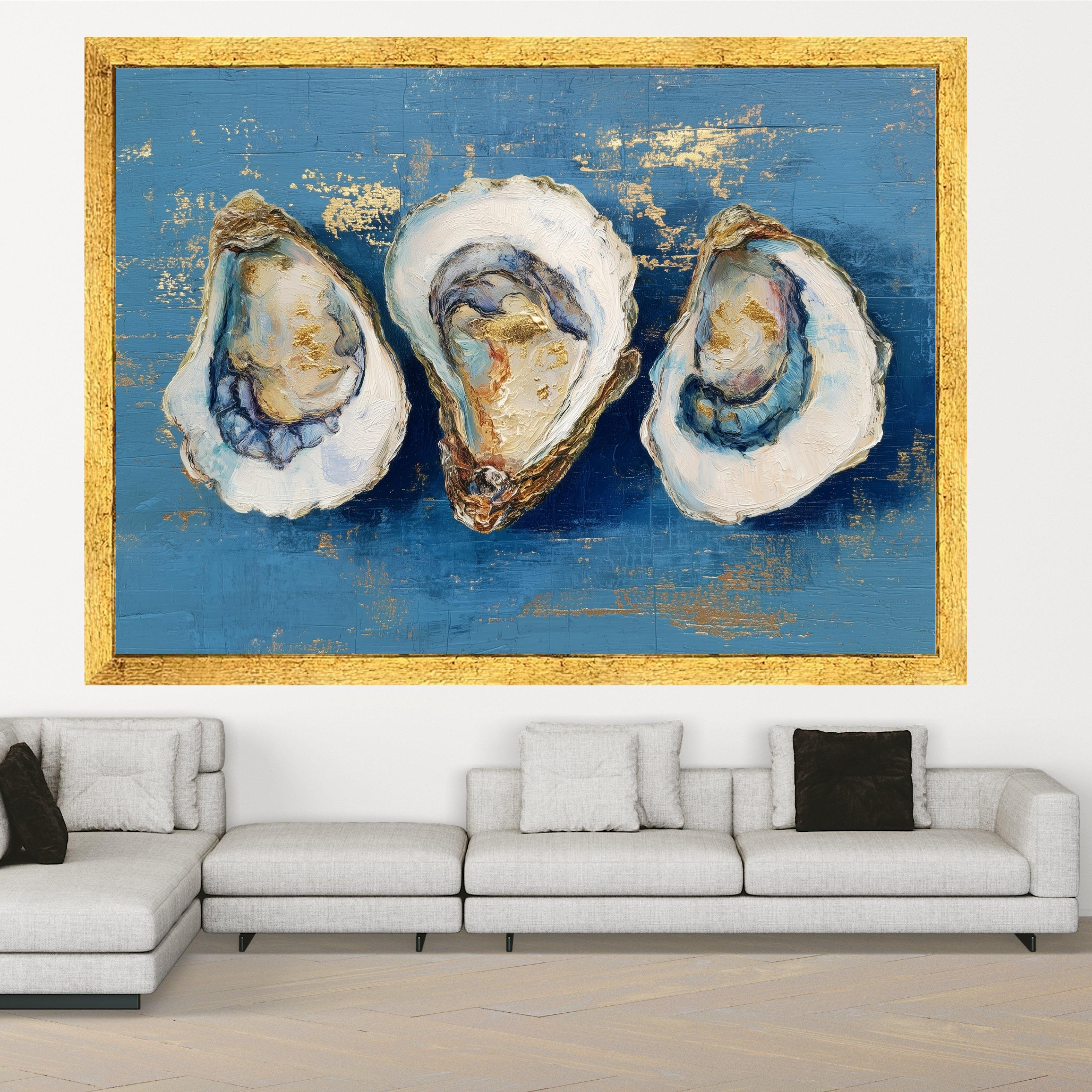 Elegant Oyster Art Canvas, Oyster Shell Wall Art, Coastal Oyster Print, Marine Decor, Blue and Gold Oyster Prints, Nautical Canvas Wall Art
