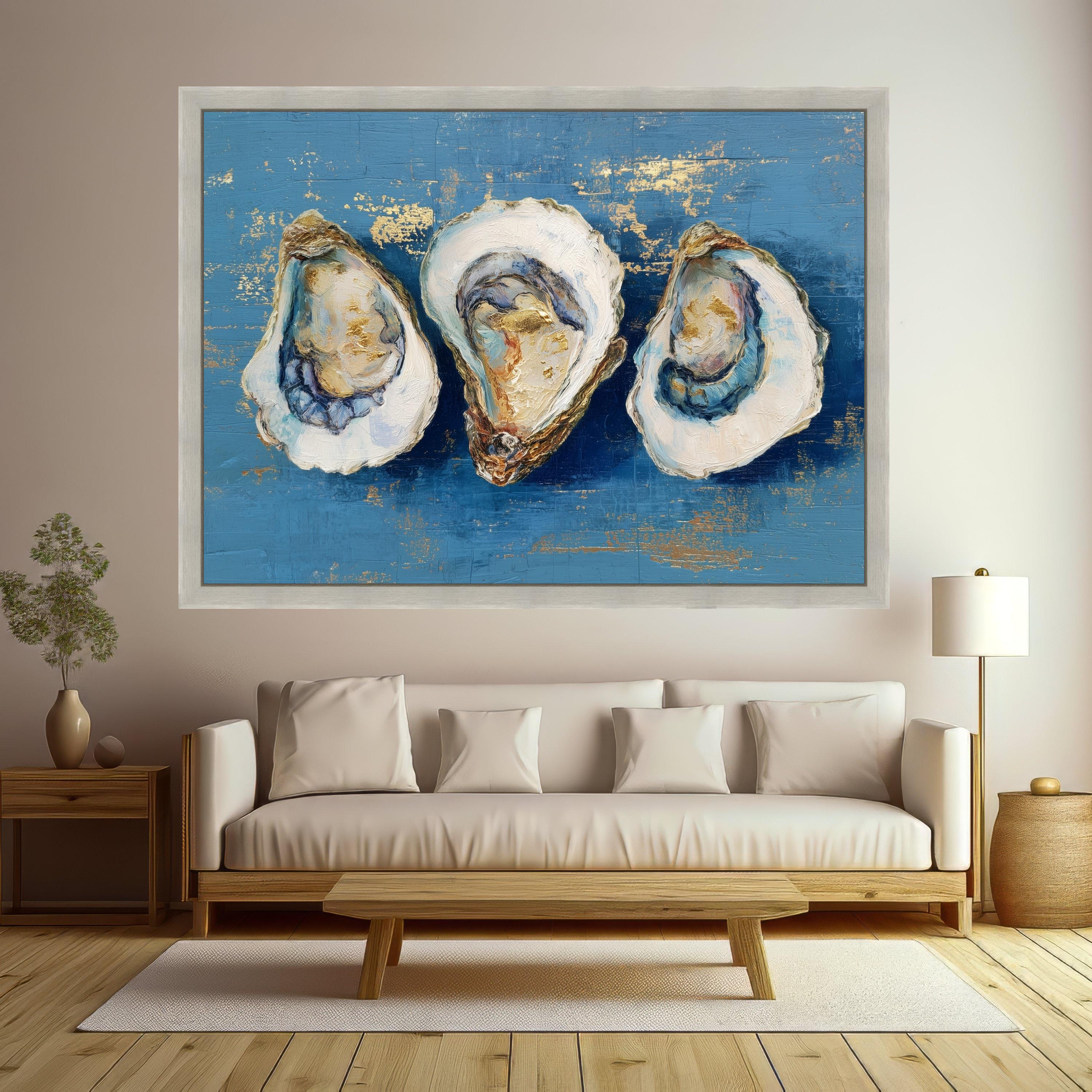 Elegant Oyster Art Canvas, Oyster Shell Wall Art, Coastal Oyster Print, Marine Decor, Blue and Gold Oyster Prints, Nautical Canvas Wall Art