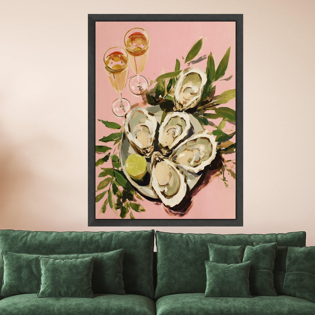 Elegant Oyster Shell Art Canvas, Coastal Oyster Print Wall Art, Oyster Decor with Lime and Champagne Glasses, Oyster Shell Wall Art, Ready