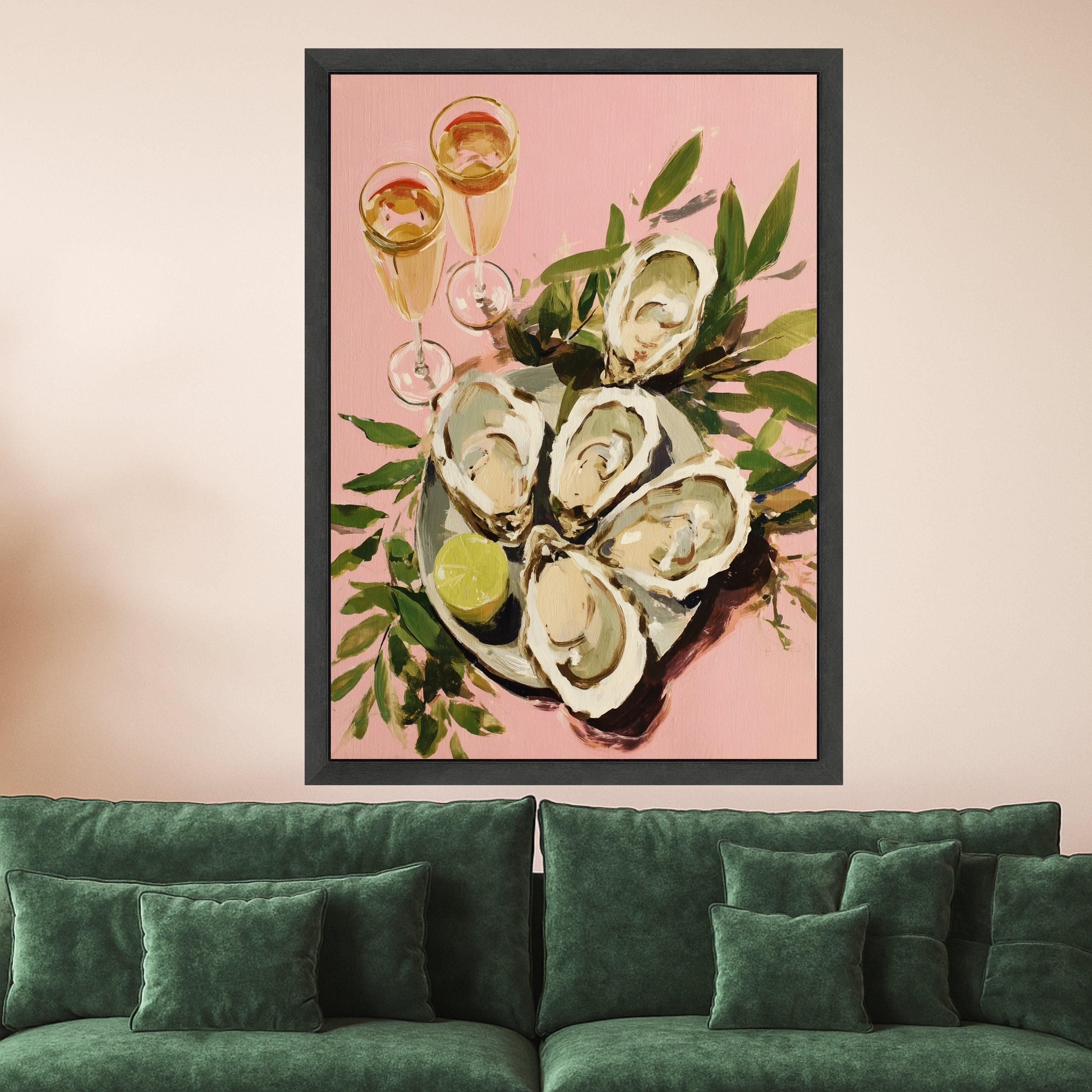 Elegant Oyster Shell Art Canvas, Coastal Oyster Print Wall Art, Oyster Decor with Lime and Champagne Glasses, Oyster Shell Wall Art, Ready