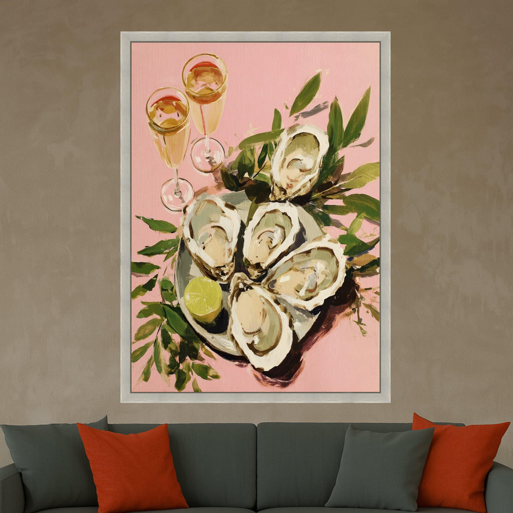 Elegant Oyster Shell Art Canvas, Coastal Oyster Print Wall Art, Oyster Decor with Lime and Champagne Glasses, Oyster Shell Wall Art, Ready