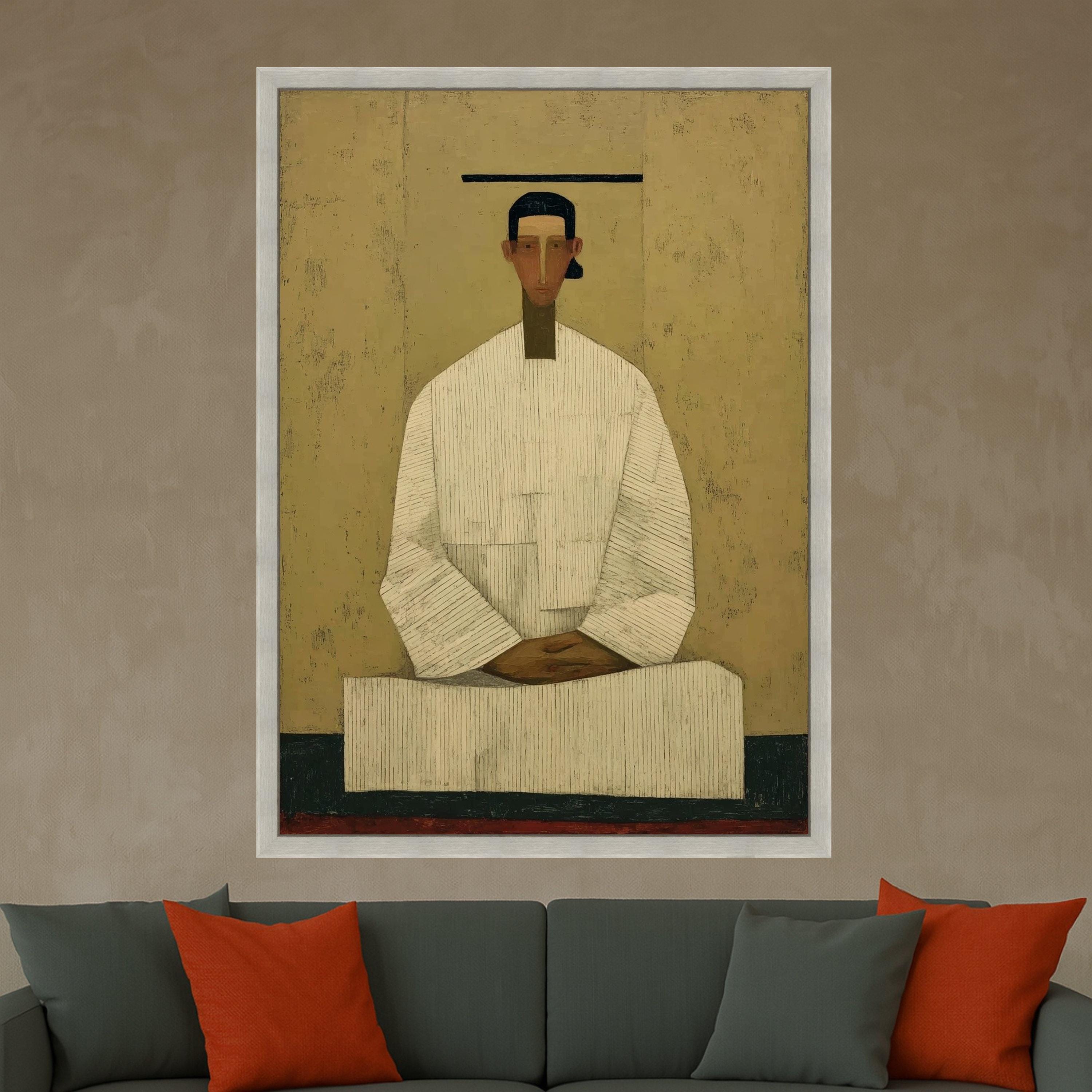 Minimalist Figure Canvas, Striped Outfit, Modern Wall Art, Abstract Figure Painting, Home Decor Canvas Ready To Hang,
