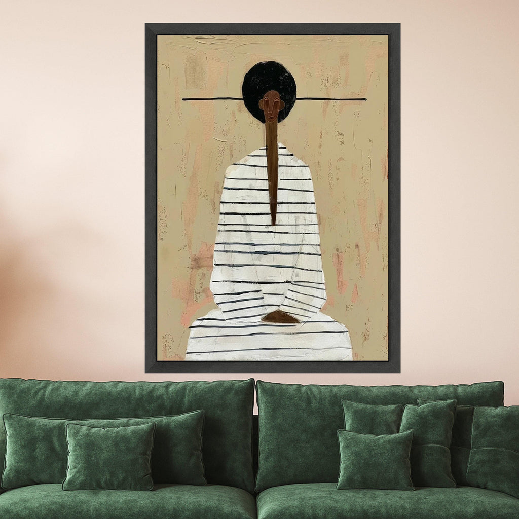 Minimalist Figure Canvas, Striped Outfit Art, Modern Abstract Wall Art, Neutral Tone Decoration Ready To Hang,