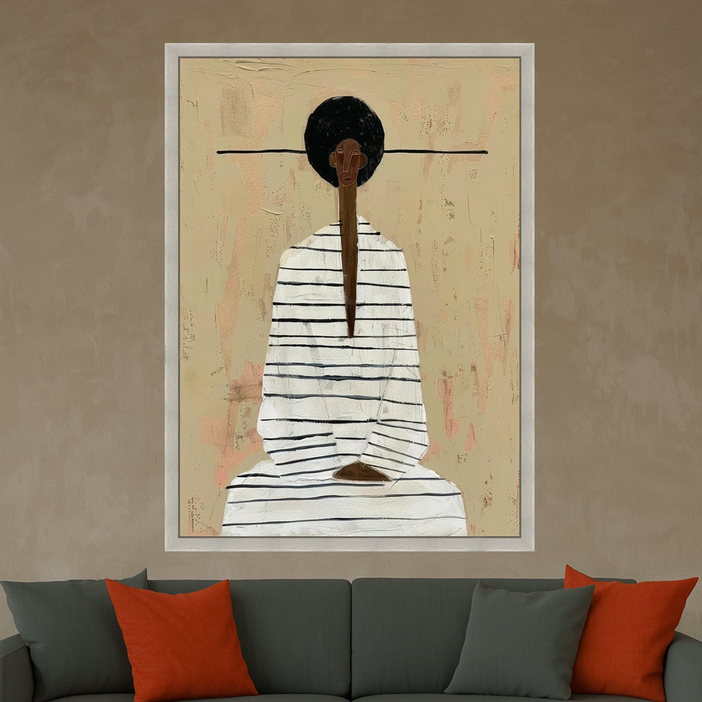 Minimalist Figure Canvas, Striped Outfit Art, Modern Abstract Wall Art, Neutral Tone Decoration Ready To Hang,