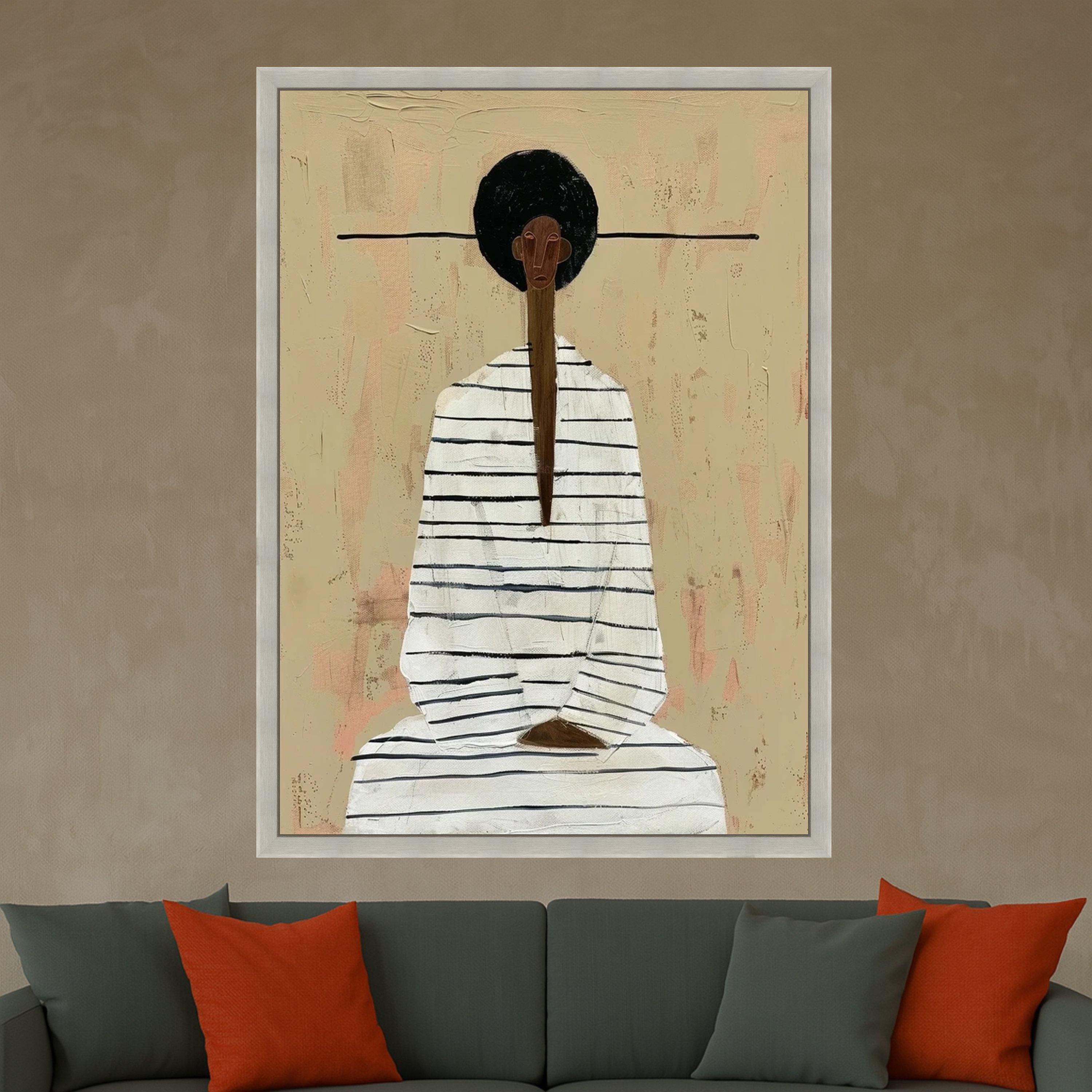 Minimalist Figure Canvas, Striped Outfit Art, Modern Abstract Wall Art, Neutral Tone Decoration Ready To Hang,
