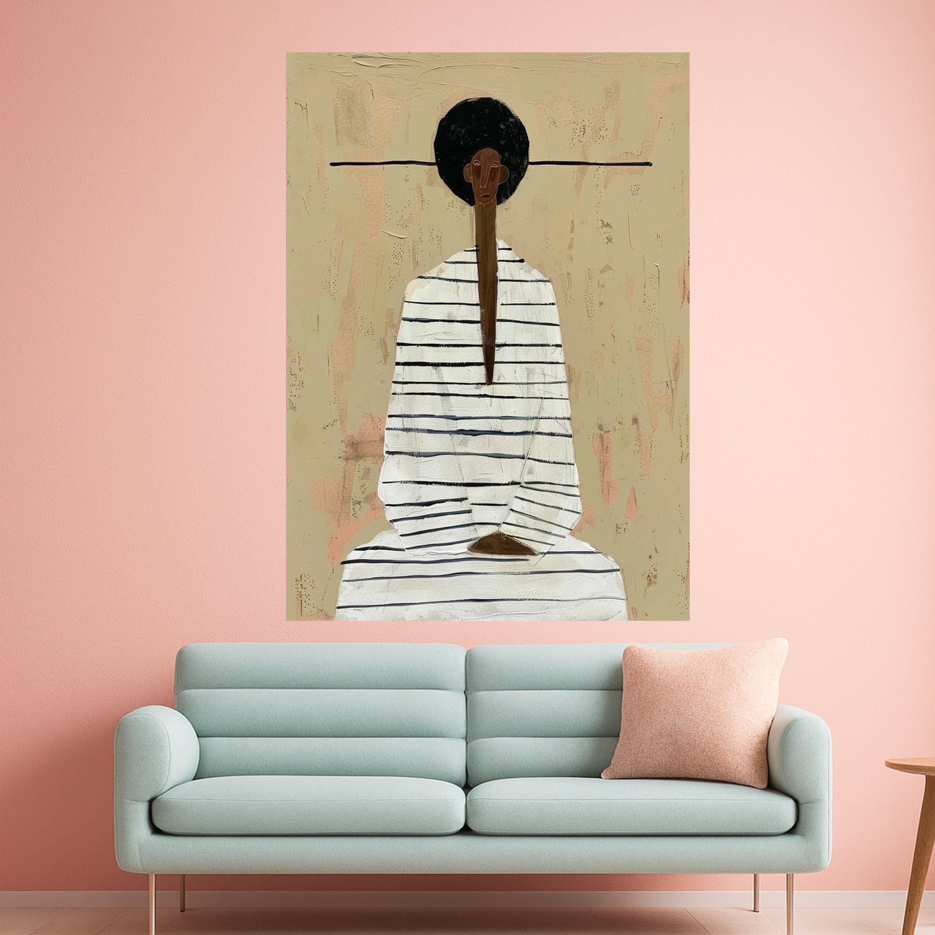 Minimalist Figure Canvas, Striped Outfit Art, Modern Abstract Wall Art, Neutral Tone Decoration Ready To Hang,