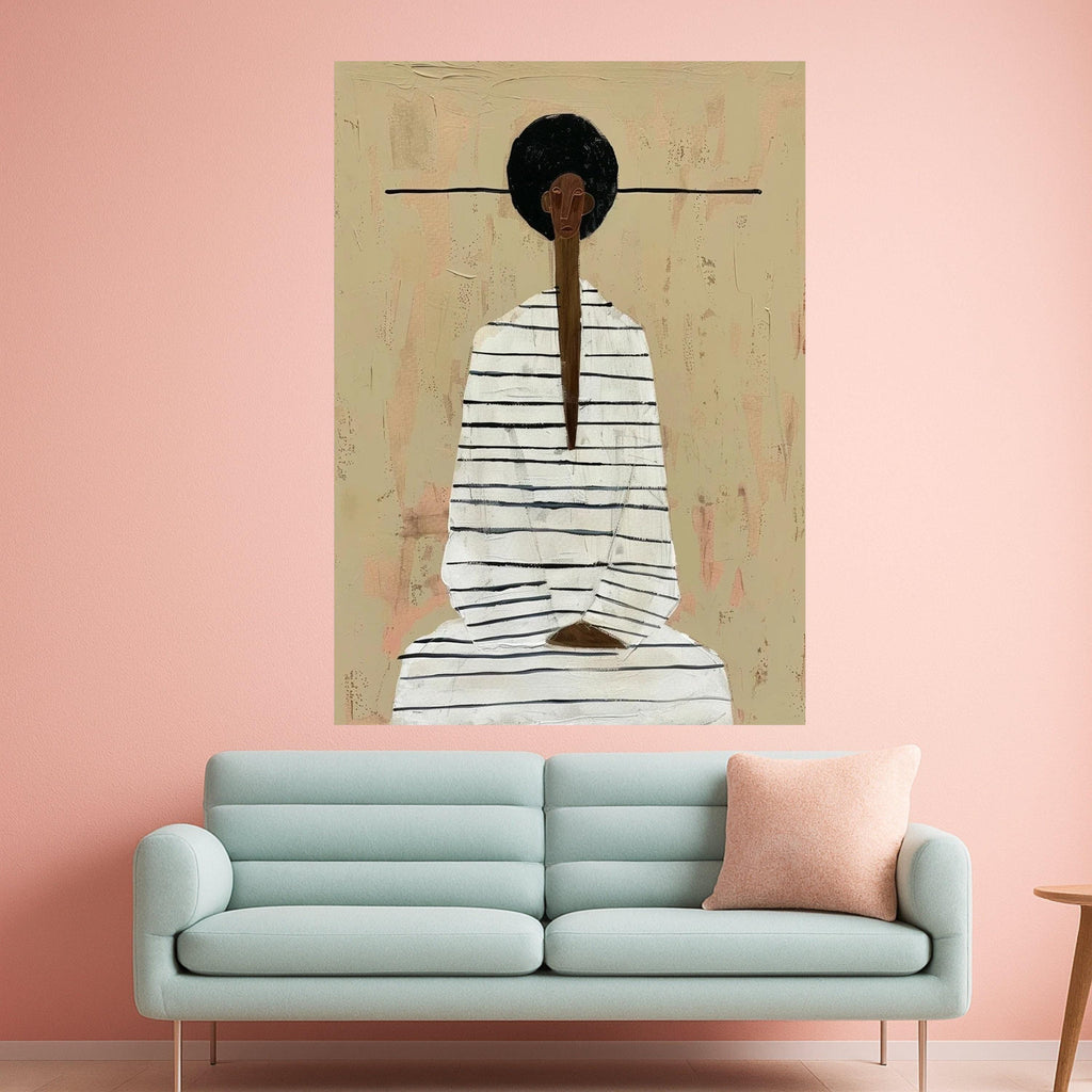 Minimalist Figure Canvas, Striped Outfit Art, Modern Abstract Wall Art, Neutral Tone Decoration Ready To Hang,