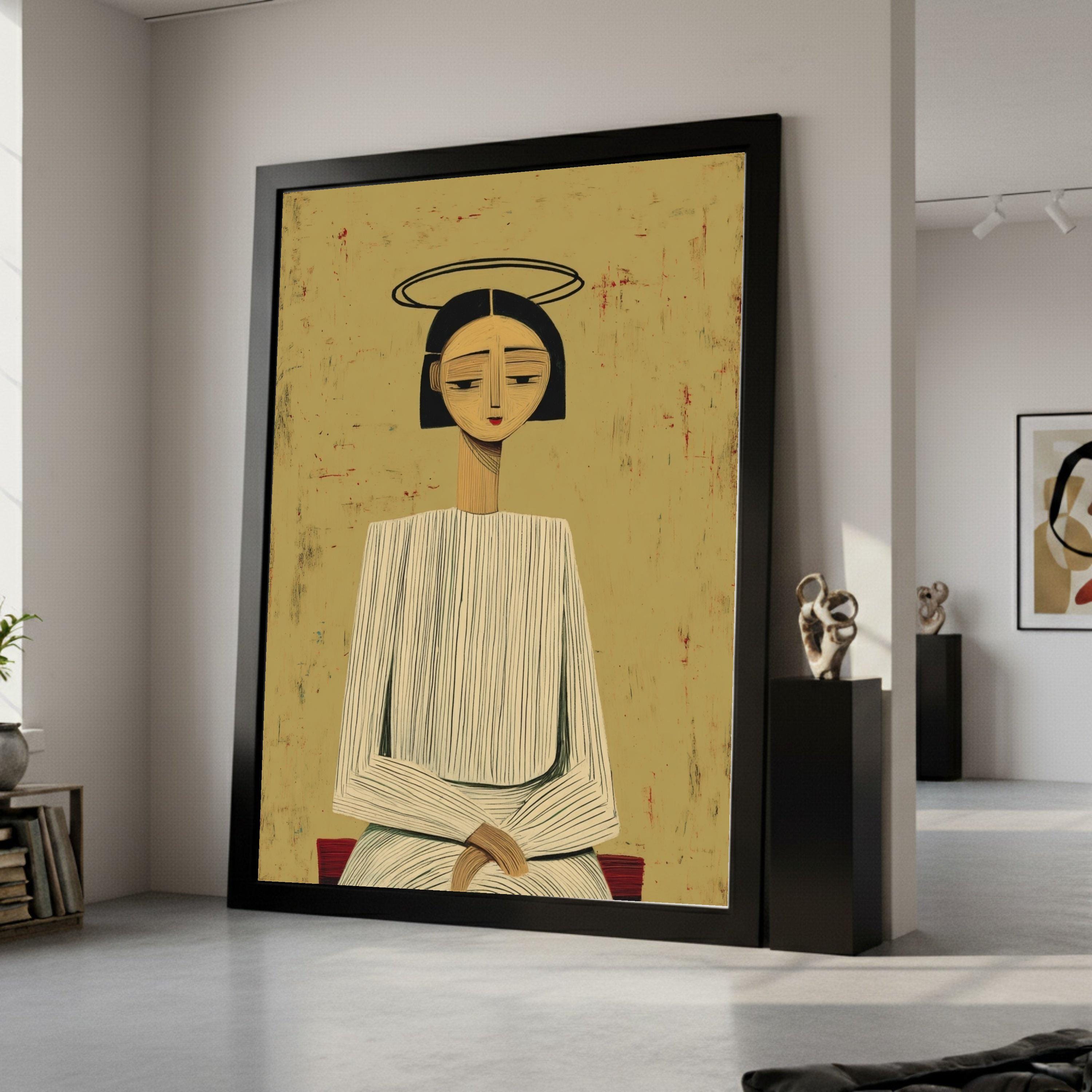 Minimalist Figure with Halo, Striped Outfit Canvas, Modern Abstract Wall Art, Geometric Portrait Canvas Ready To Hang,