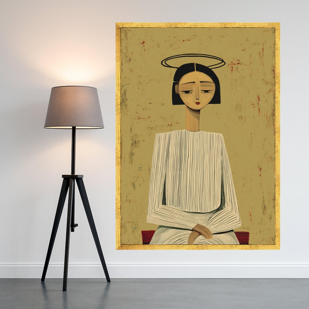 Minimalist Figure with Halo, Striped Outfit Canvas, Modern Abstract Wall Art, Geometric Portrait Canvas Ready To Hang,