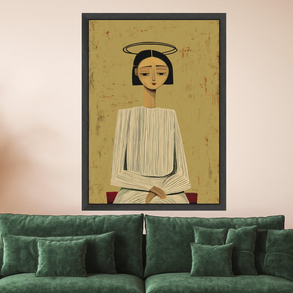 Minimalist Figure with Halo, Striped Outfit Canvas, Modern Abstract Wall Art, Geometric Portrait Canvas Ready To Hang,