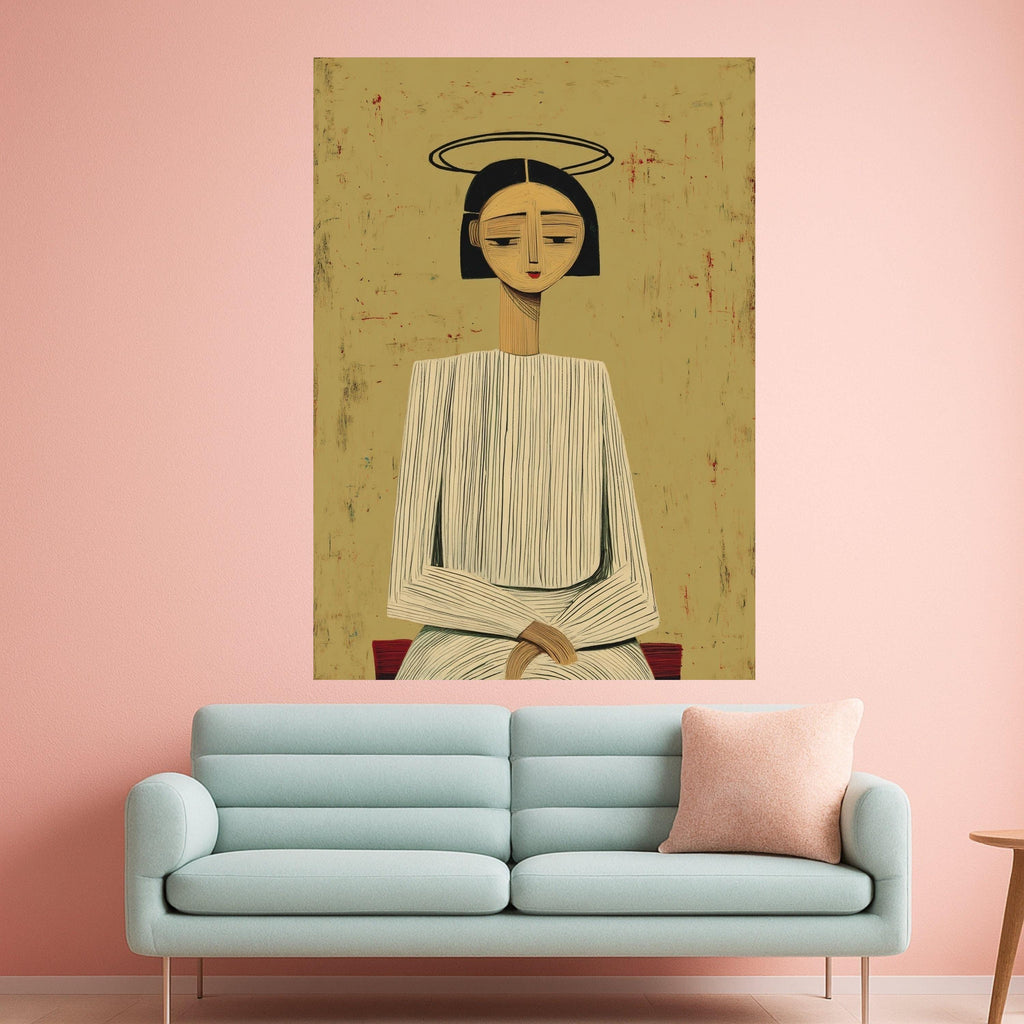 Minimalist Figure with Halo, Striped Outfit Canvas, Modern Abstract Wall Art, Geometric Portrait Canvas Ready To Hang,
