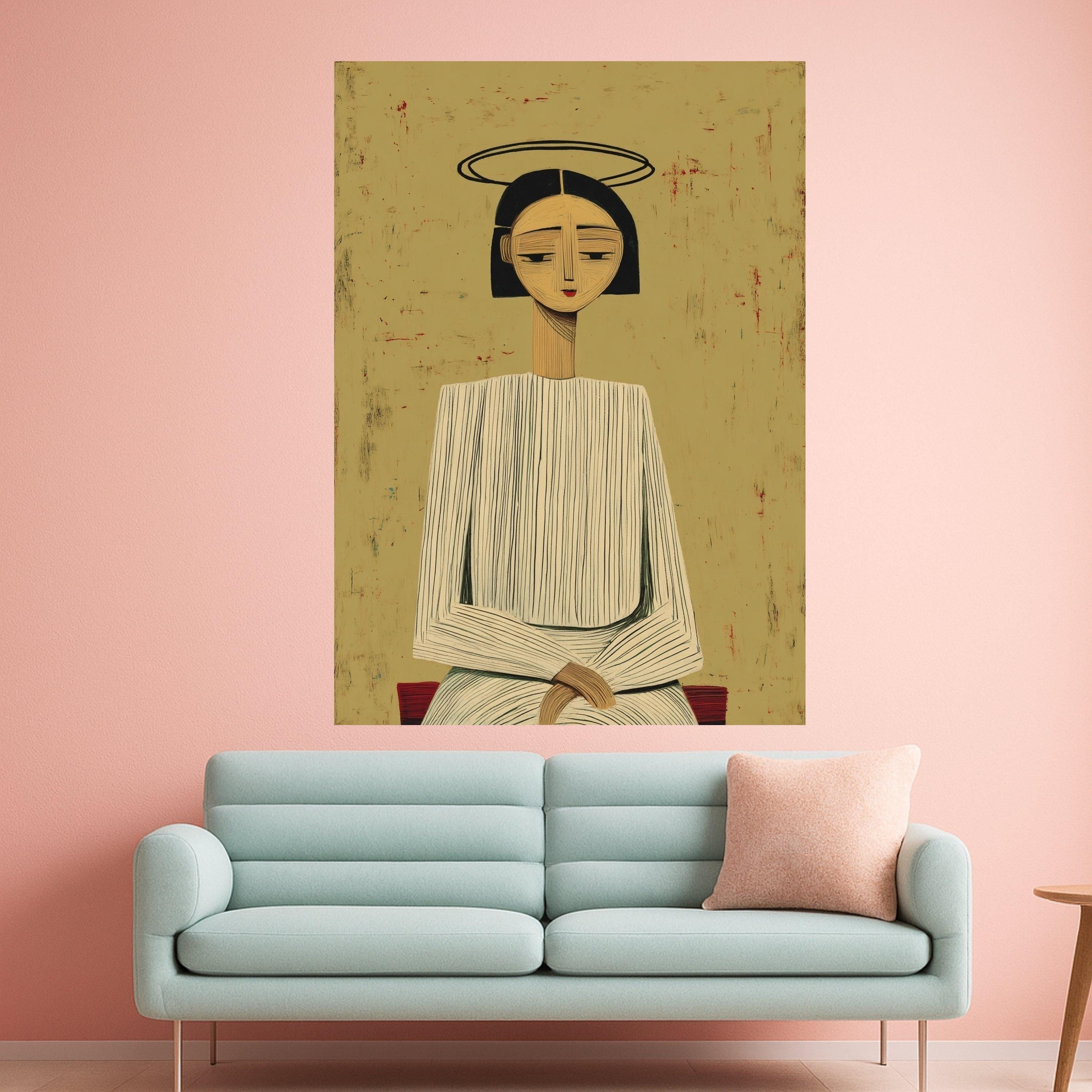 Minimalist Figure with Halo, Striped Outfit Canvas, Modern Abstract Wall Art, Geometric Portrait Canvas Ready To Hang,