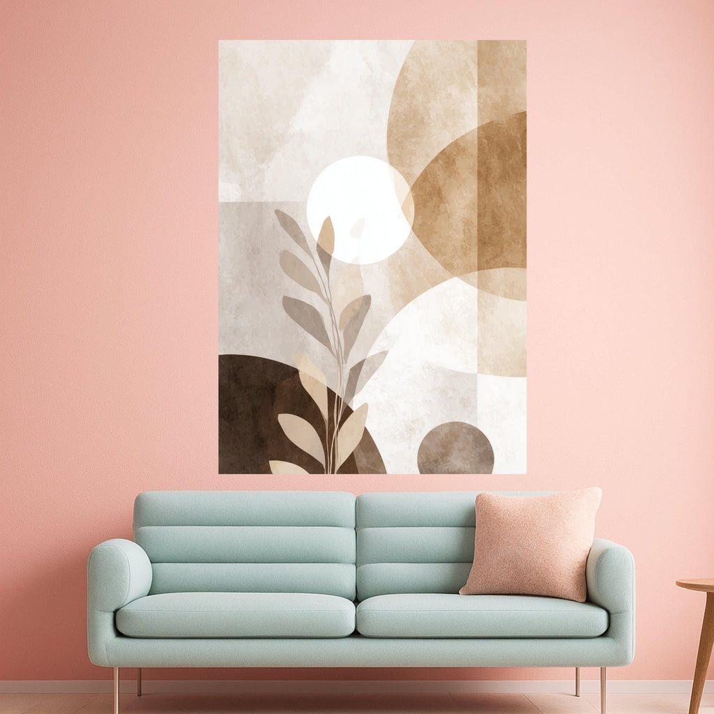 Beige Abstract Botanical Canvas, Modern Minimalist Wall Art, Neutral Tones Canvas, Geometric Shapes Decoration, Contemporary Nature Print