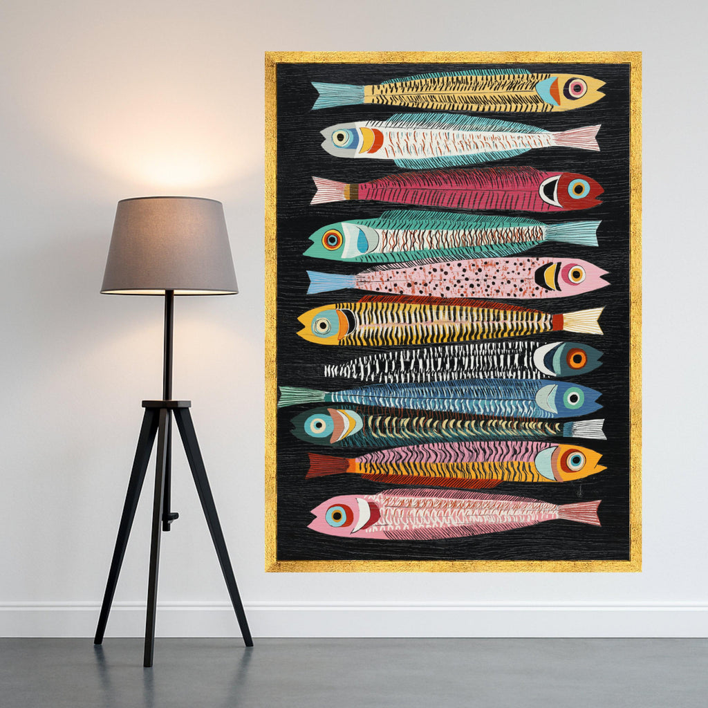 Colorful Sardine Fish Canvas, Nautical Wall Art, Modern Ocean Decor, Vibrant Sea Life Painting, Coastal Canvas Print, Ready to Hang