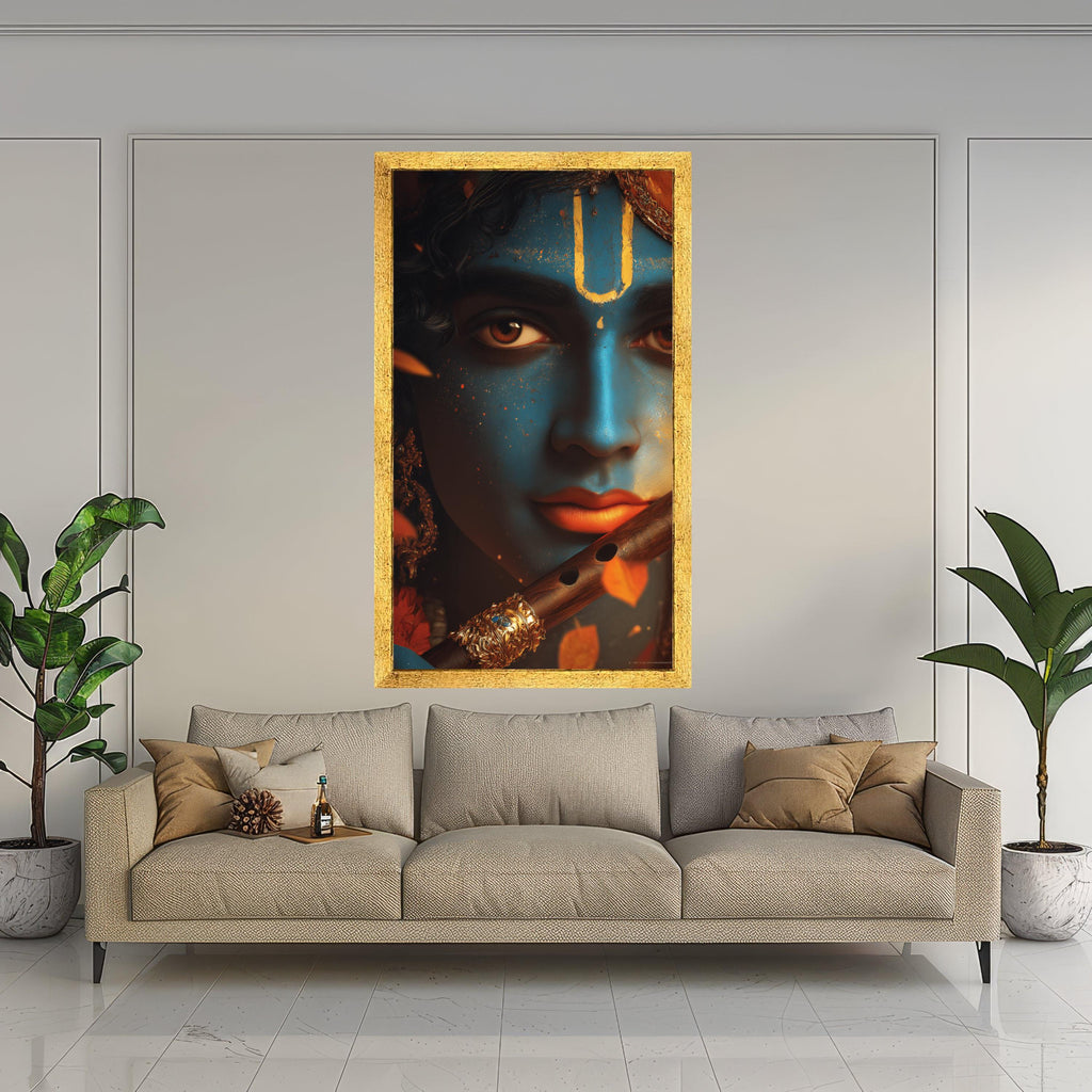 Divine Krishna Portrait Canvas, Blue Face Wall Art, Indian God Mythology Canvas, Spiritual Home Decor, Ready to Hang Artwork