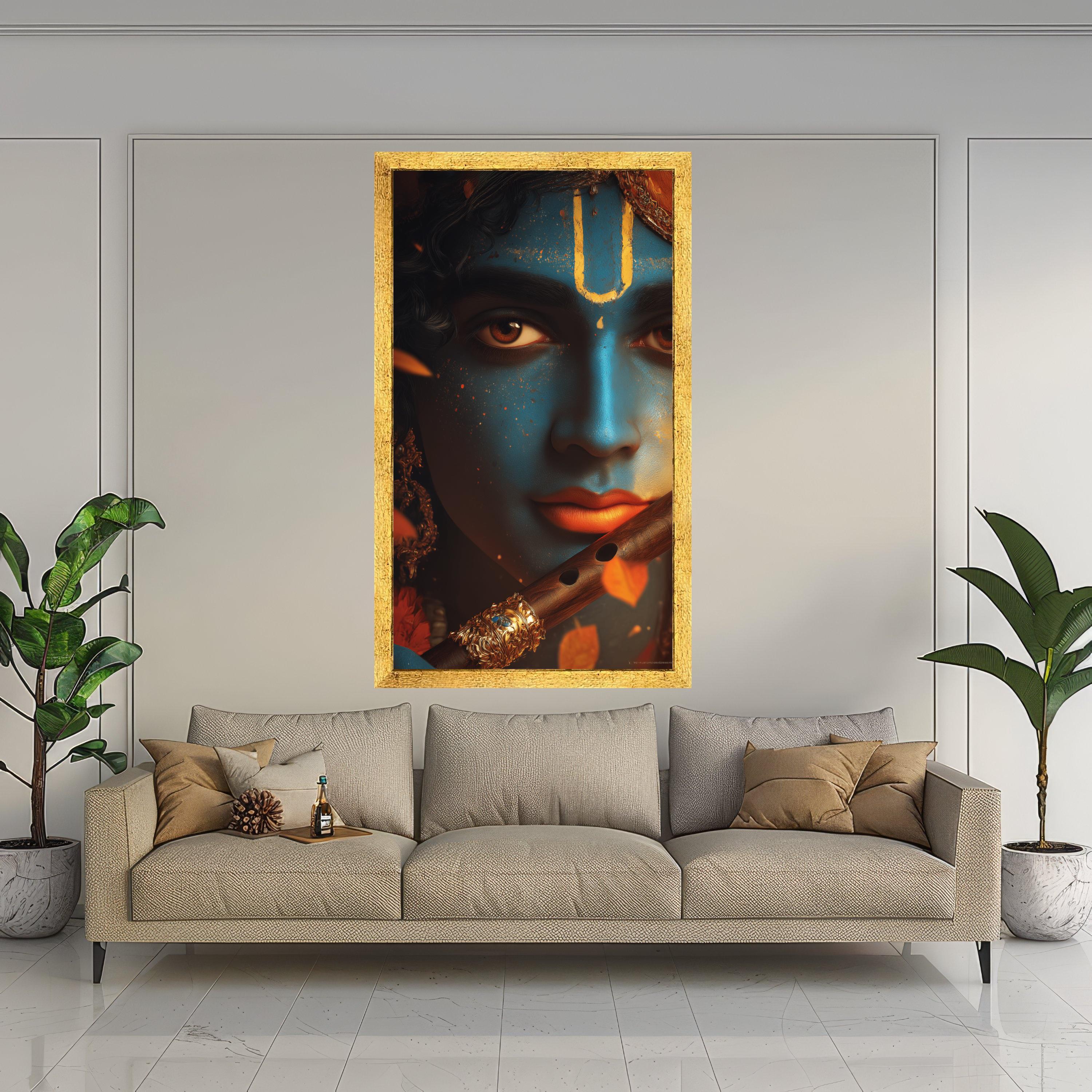Divine Krishna Portrait Canvas, Blue Face Wall Art, Indian God Mythology Canvas, Spiritual Home Decor, Ready to Hang Artwork