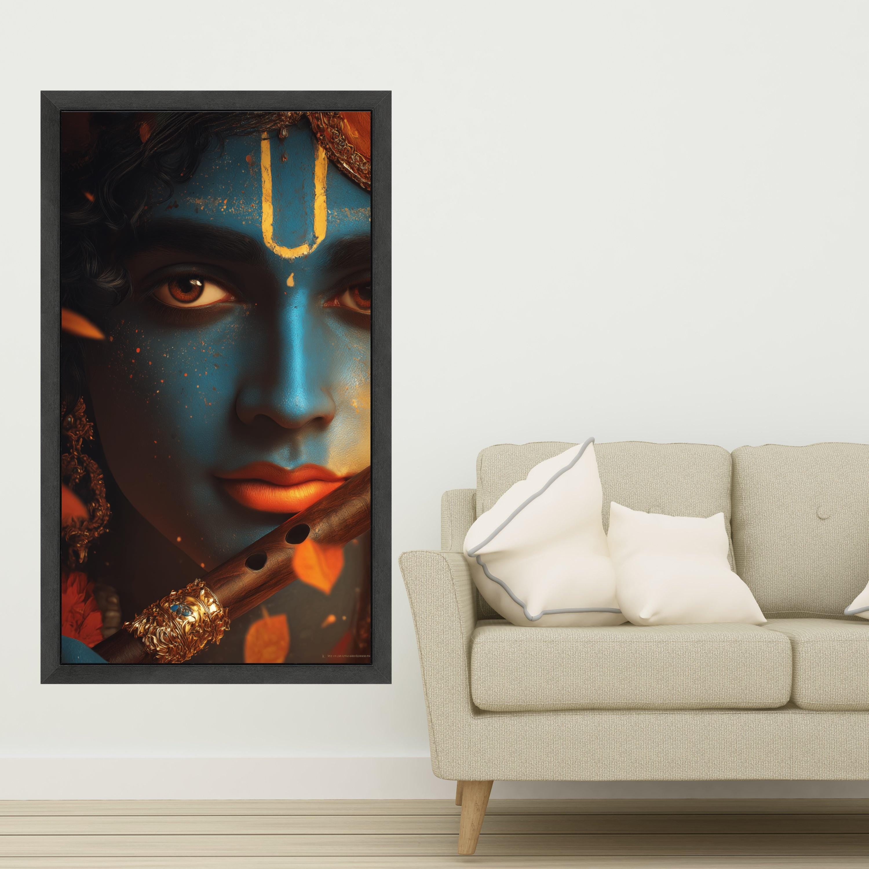Divine Krishna Portrait Canvas, Blue Face Wall Art, Indian God Mythology Canvas, Spiritual Home Decor, Ready to Hang Artwork