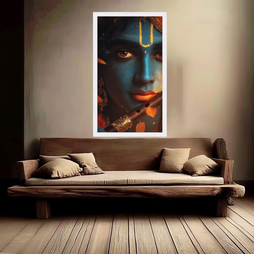Divine Krishna Portrait Canvas, Blue Face Wall Art, Indian God Mythology Canvas, Spiritual Home Decor, Ready to Hang Artwork