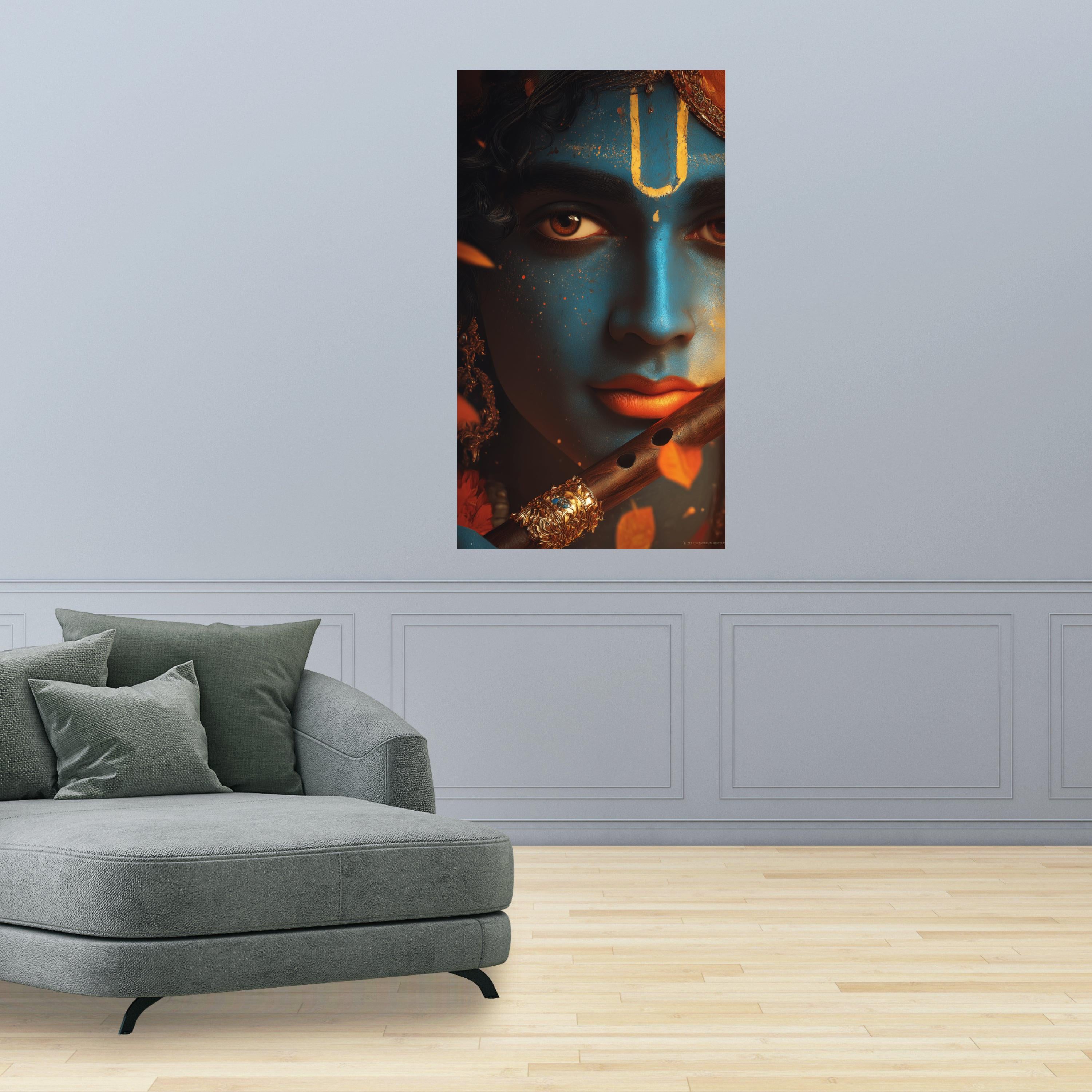 Divine Krishna Portrait Canvas, Blue Face Wall Art, Indian God Mythology Canvas, Spiritual Home Decor, Ready to Hang Artwork