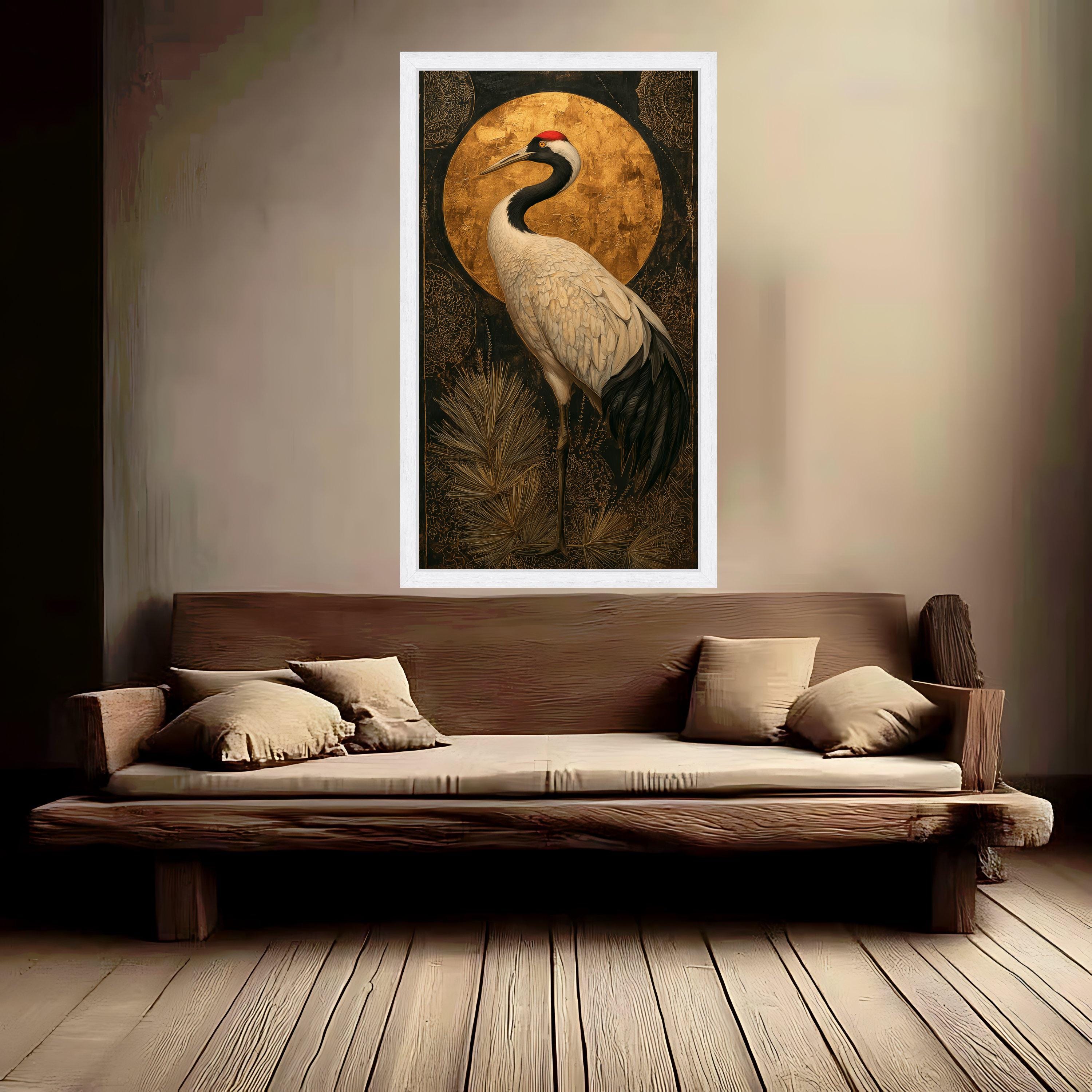 Elegant Crane Bird Canvas Wall Art, Gold Accent Nature Painting, Asian Inspired Bird Decor, Modern Wildlife Canvas, Ready to Hang Home