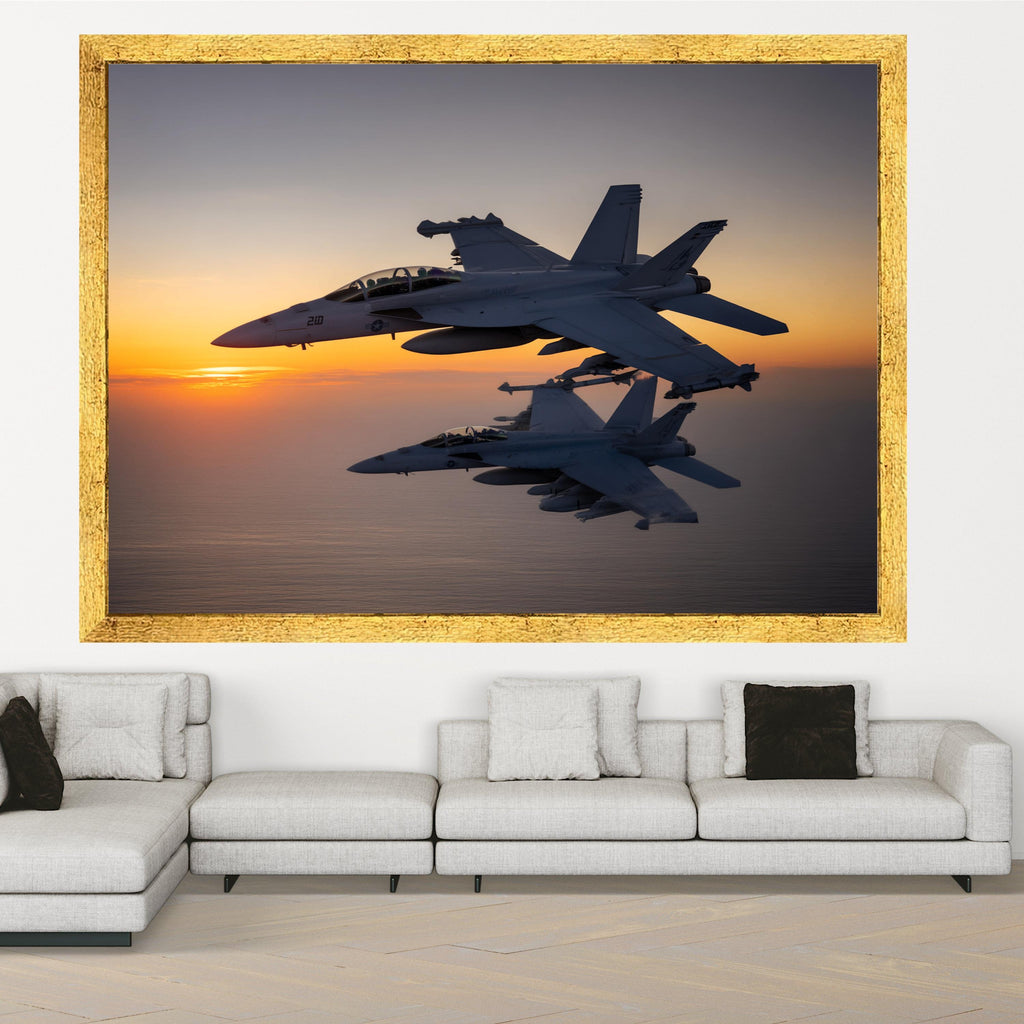 Military Fighter Jets Canvas Wall Art, Sunset Aviation Print, Modern Aircraft Decor, Sky Flight Canvas, Home Wall Decoration