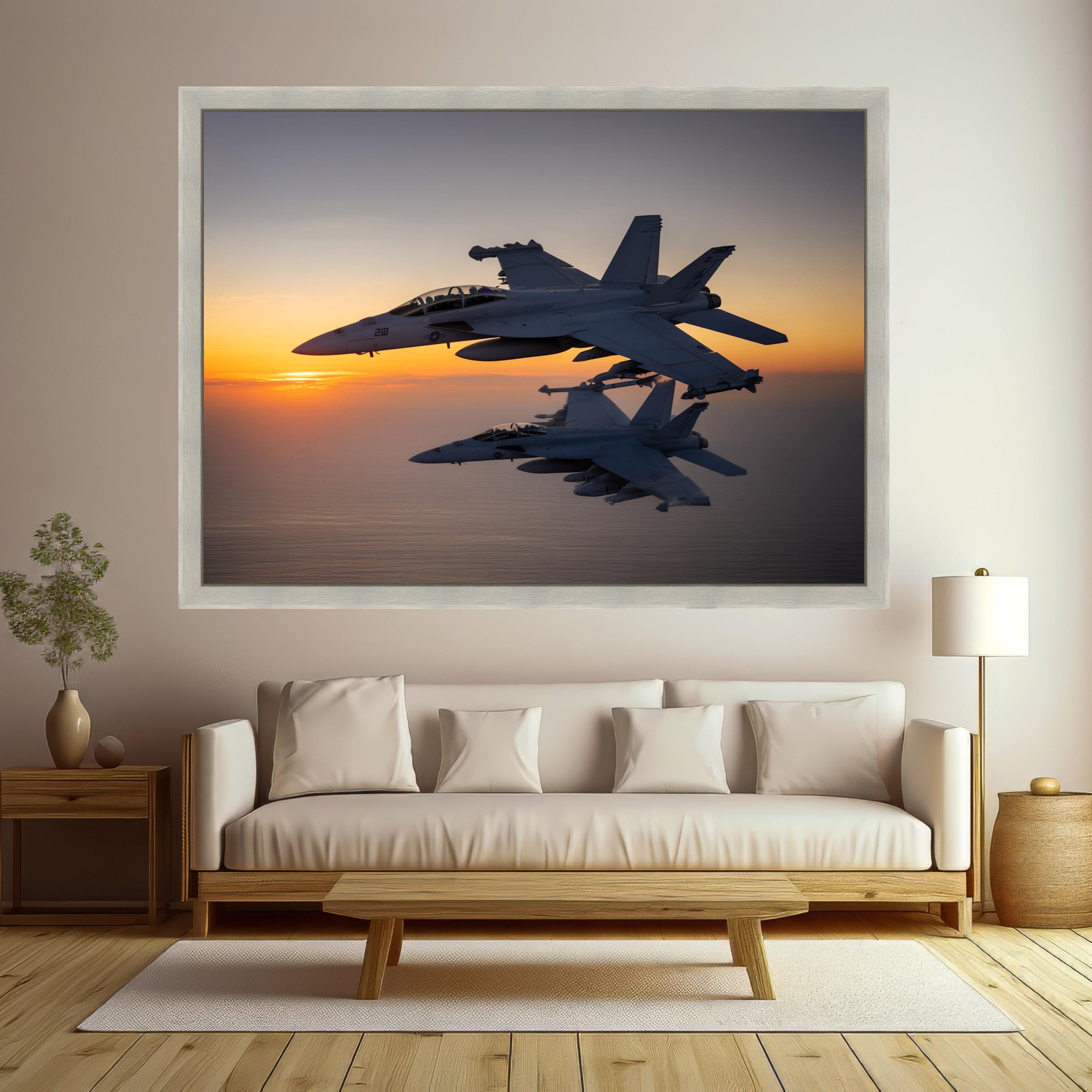 Military Fighter Jets Canvas Wall Art, Sunset Aviation Print, Modern Aircraft Decor, Sky Flight Canvas, Home Wall Decoration
