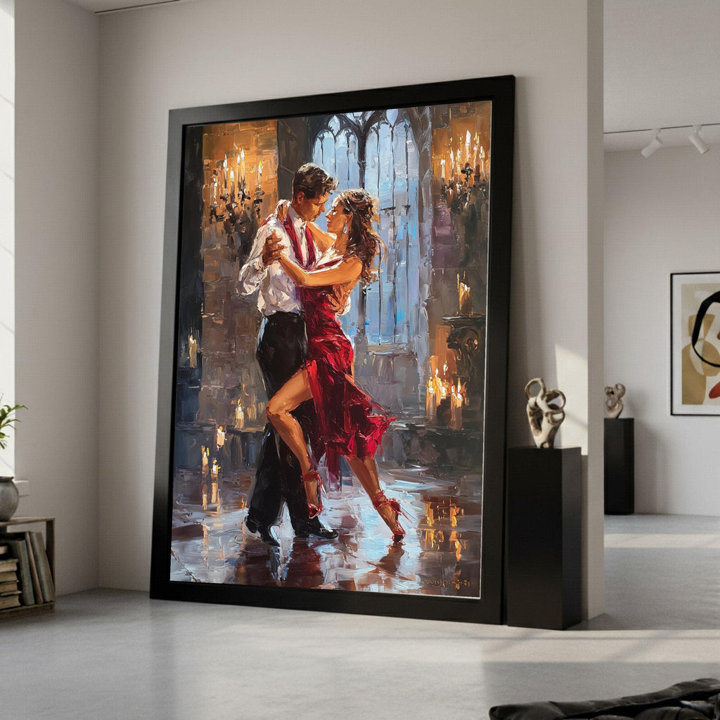 Romantic Tango Dance Couple, Red Dress Ballroom Canvas, Passionate Dance Wall Art, Elegant Evening Scene, Candlelight Ready To Hang,