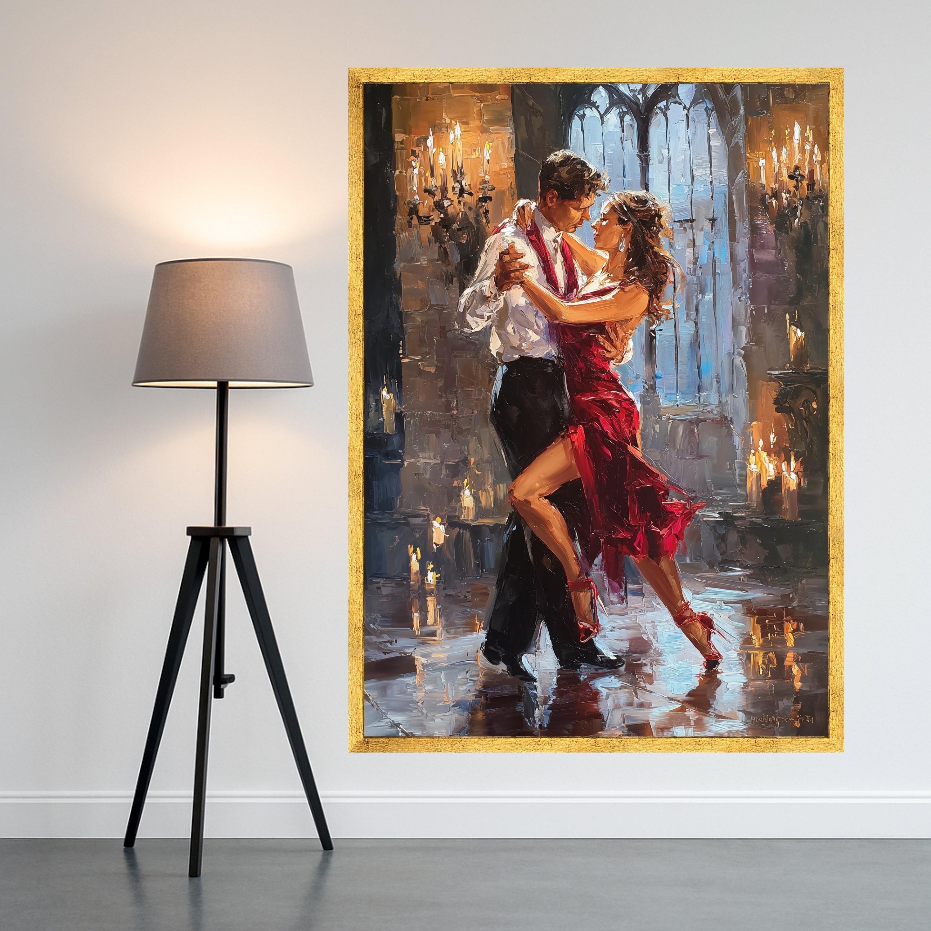 Romantic Tango Dance Couple, Red Dress Ballroom Canvas, Passionate Dance Wall Art, Elegant Evening Scene, Candlelight Ready To Hang,