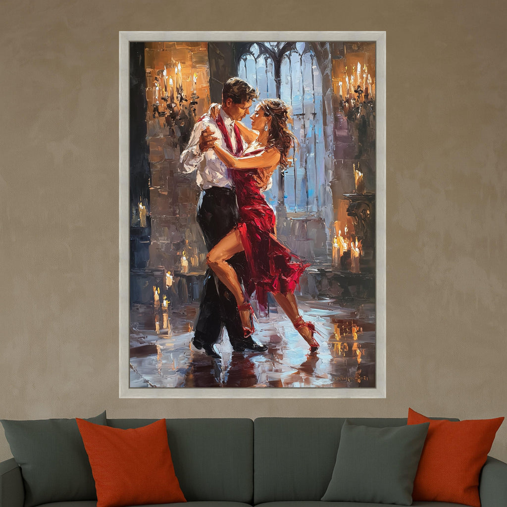Romantic Tango Dance Couple, Red Dress Ballroom Canvas, Passionate Dance Wall Art, Elegant Evening Scene, Candlelight Ready To Hang,