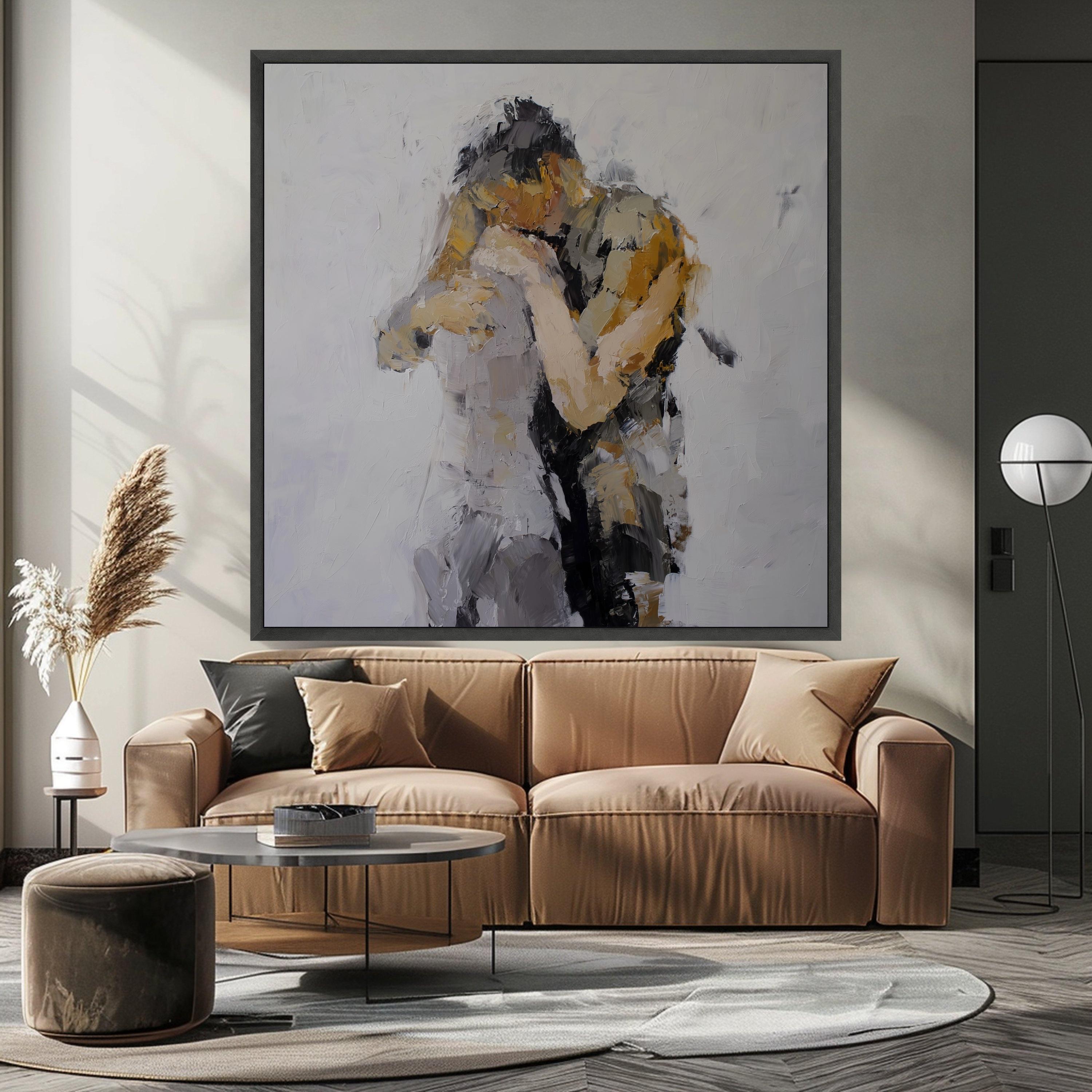 Abstract Lovers Embrace Canvas, Modern Romantic Wall Art, Couple Painting, Intimate Expression Artwork, Home Decor Canvas Ready To Hang,