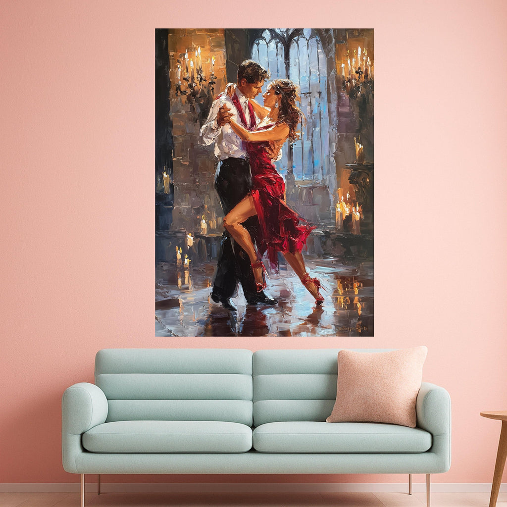 Romantic Tango Dance Couple, Red Dress Ballroom Canvas, Passionate Dance Wall Art, Elegant Evening Scene, Candlelight Ready To Hang,
