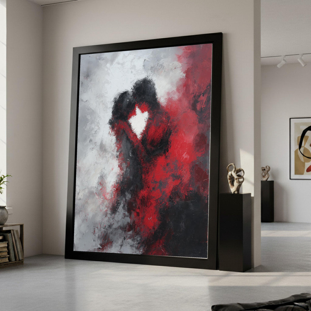 Abstract Romantic Embrace Canvas Wall Art, Red and Black Love Painting, Couple Silhouette, Modern Home Decoration, Ready to Ready To Hang,
