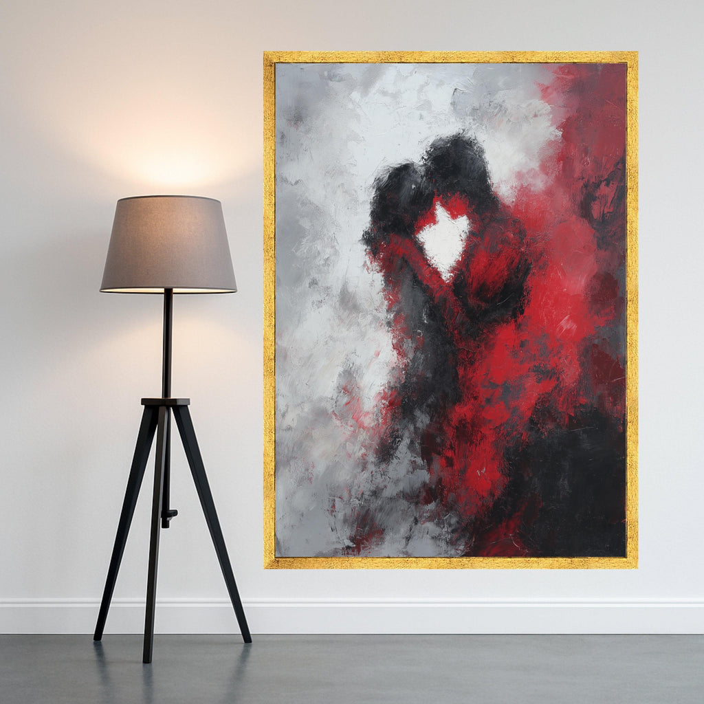 Abstract Romantic Embrace Canvas Wall Art, Red and Black Love Painting, Couple Silhouette, Modern Home Decoration, Ready to Ready To Hang,