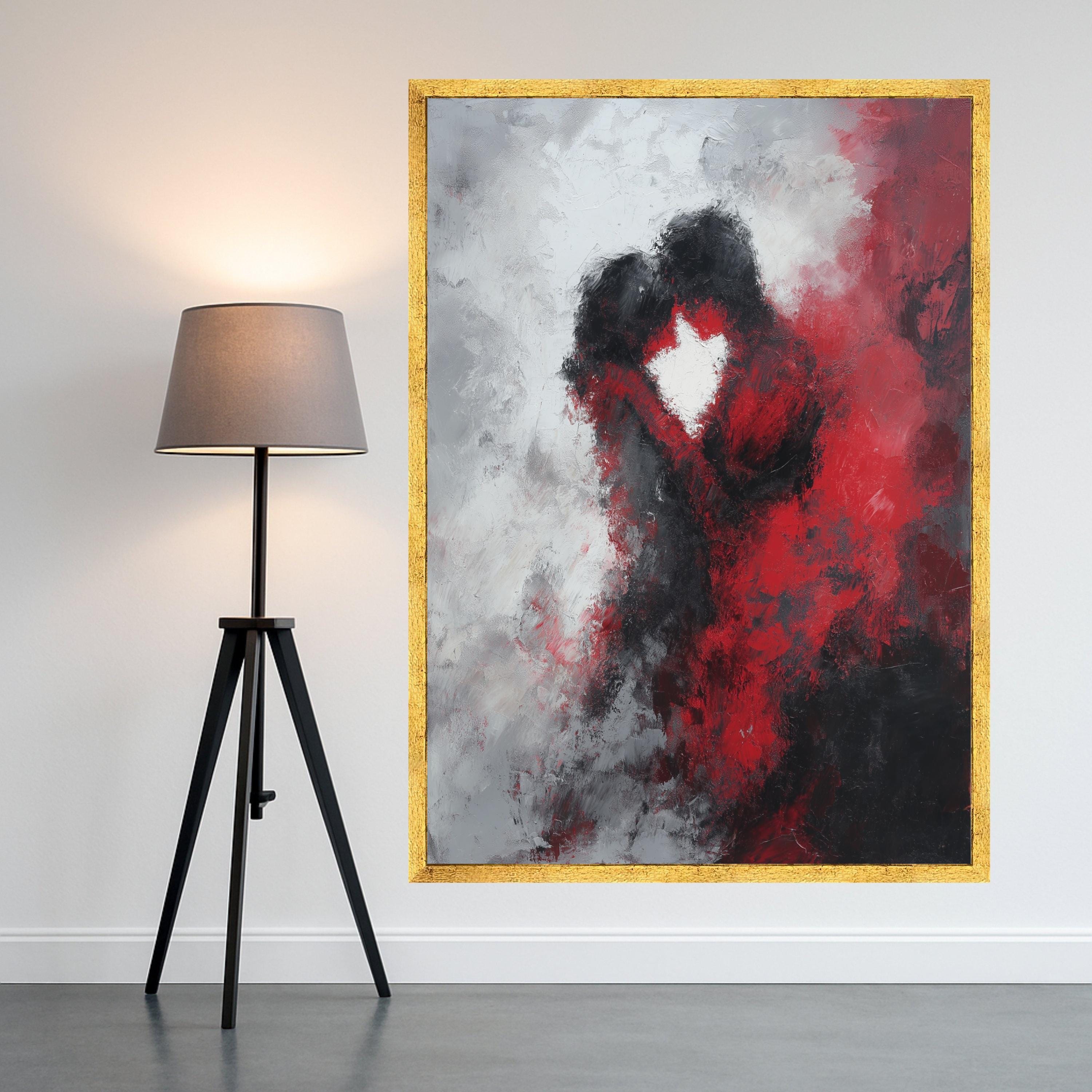 Abstract Romantic Embrace Canvas Wall Art, Red and Black Love Painting, Couple Silhouette, Modern Home Decoration, Ready to Ready To Hang,