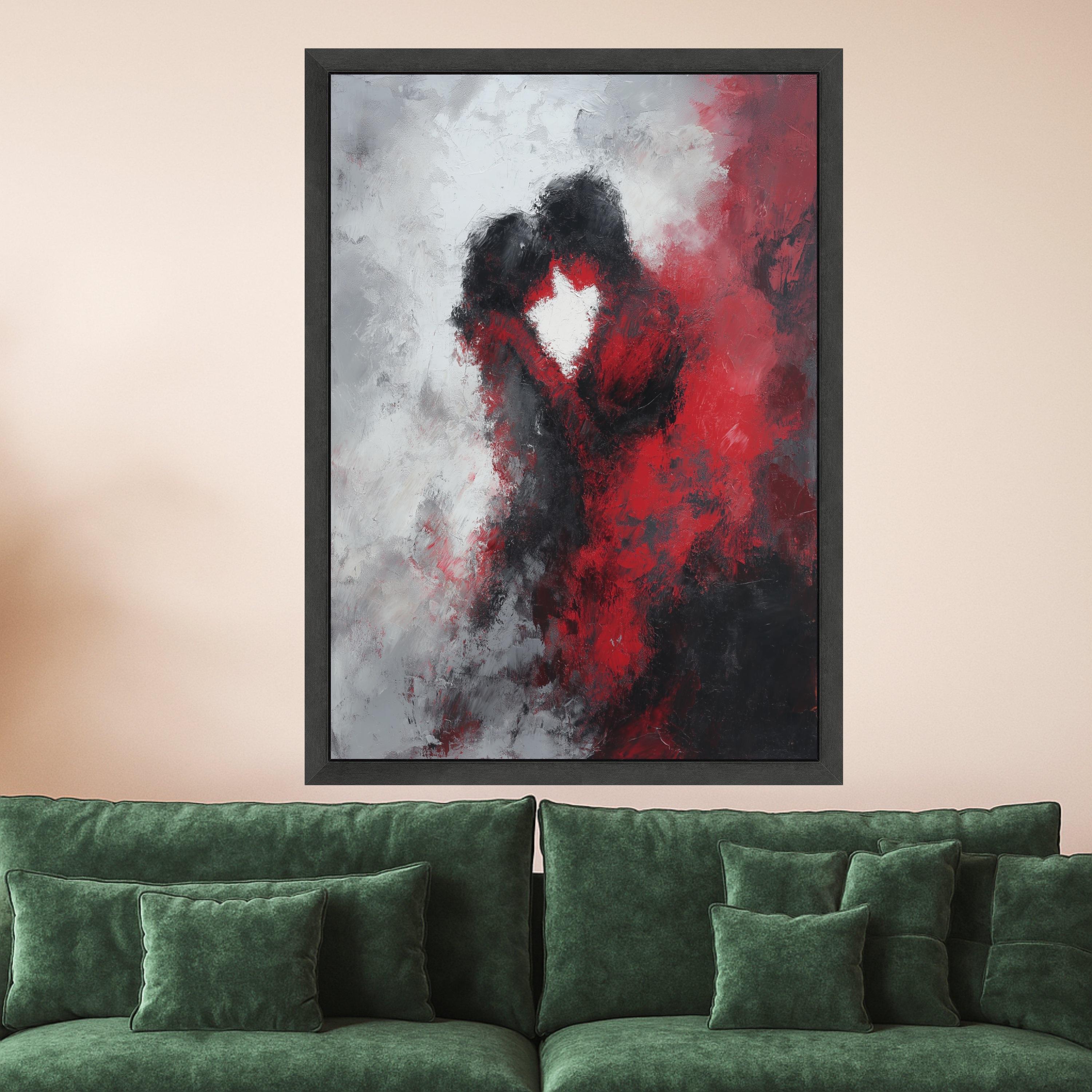 Abstract Romantic Embrace Canvas Wall Art, Red and Black Love Painting, Couple Silhouette, Modern Home Decoration, Ready to Ready To Hang,