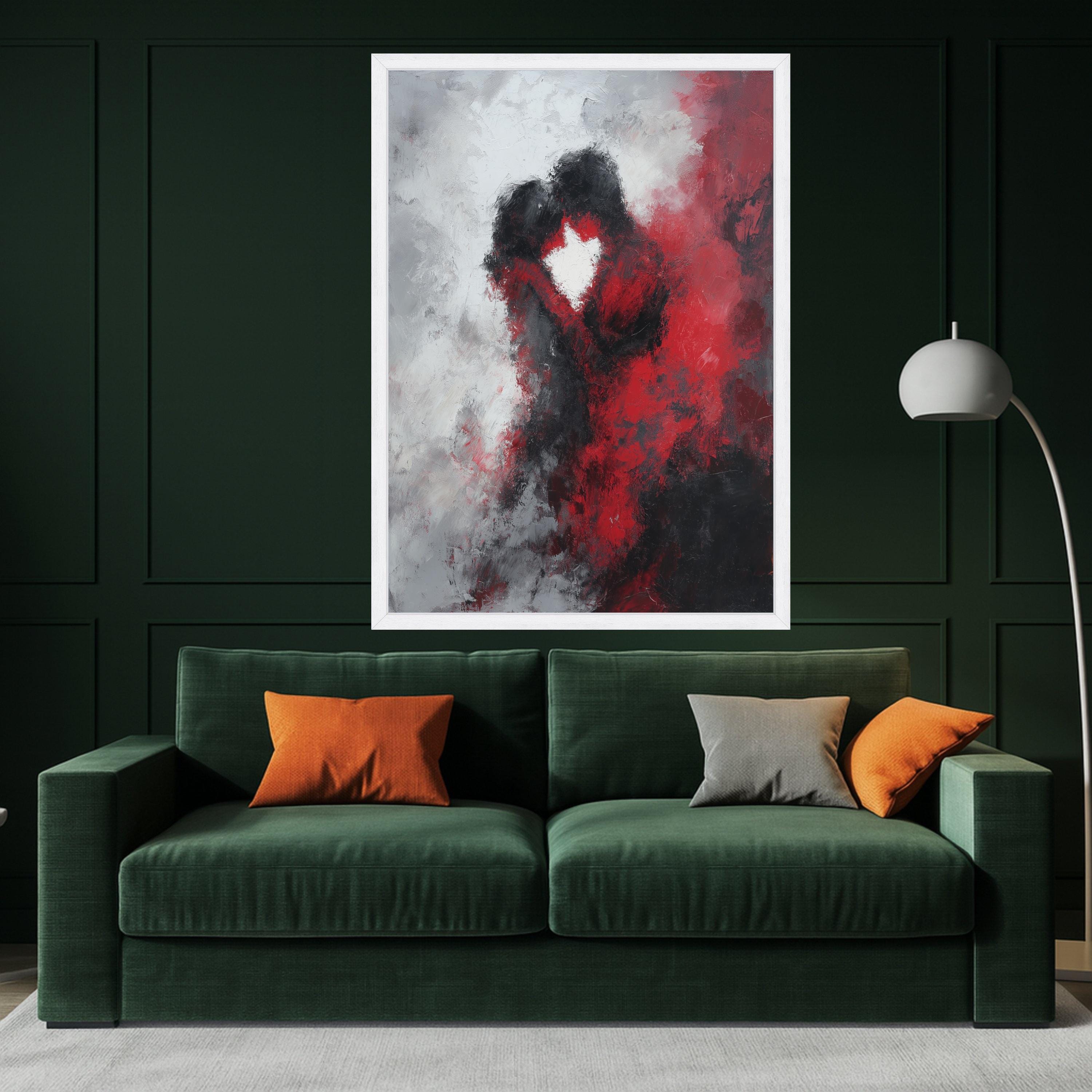 Abstract Romantic Embrace Canvas Wall Art, Red and Black Love Painting, Couple Silhouette, Modern Home Decoration, Ready to Ready To Hang,
