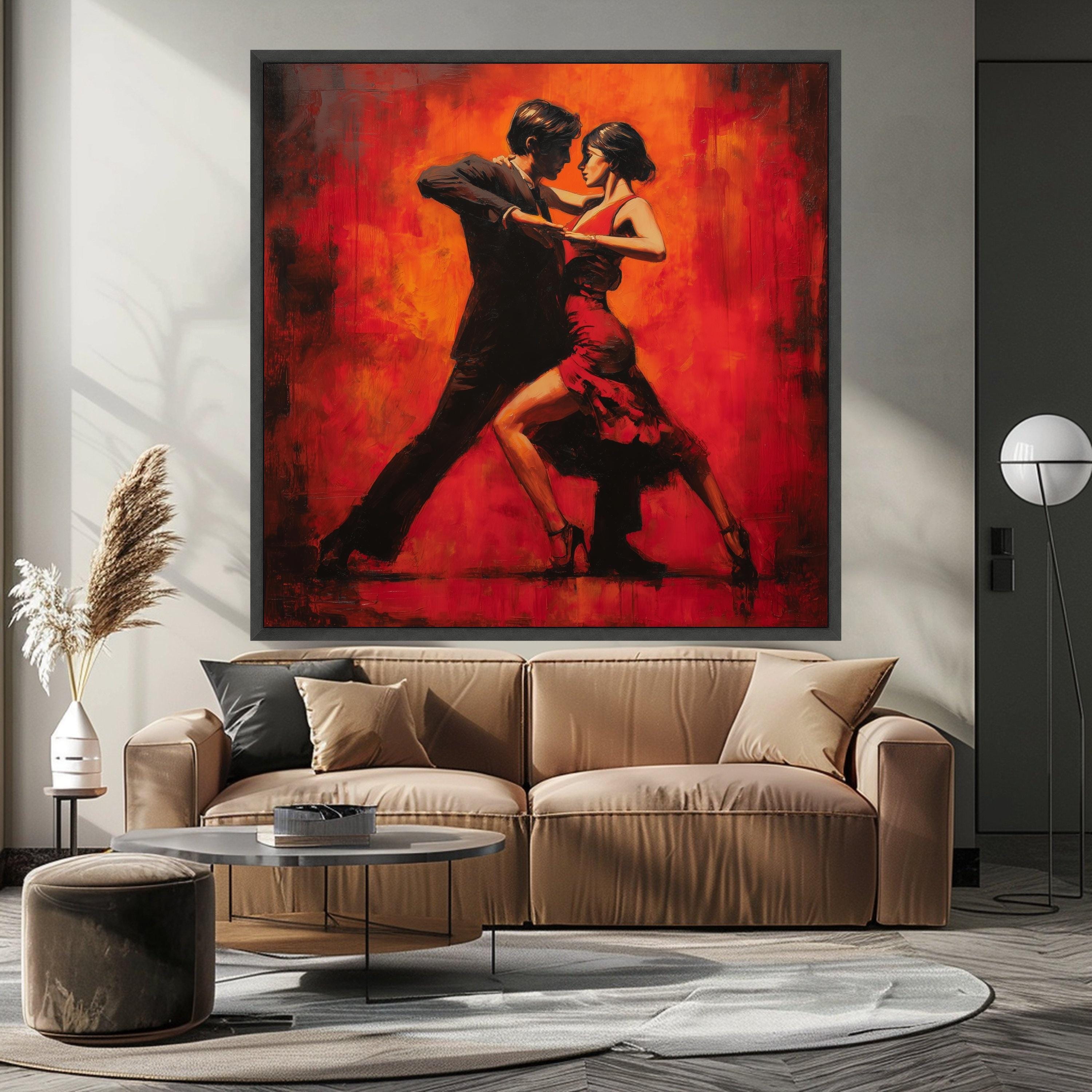Passionate Tango Dance Couple Canvas, Red Flamenco Dress Wall Art, Romantic Latin Dance Silhouette, Modern Canvas Home Decor, Ready To Hang,