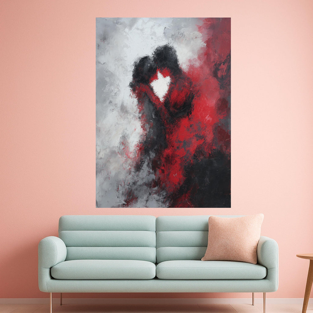 Abstract Romantic Embrace Canvas Wall Art, Red and Black Love Painting, Couple Silhouette, Modern Home Decoration, Ready to Ready To Hang,