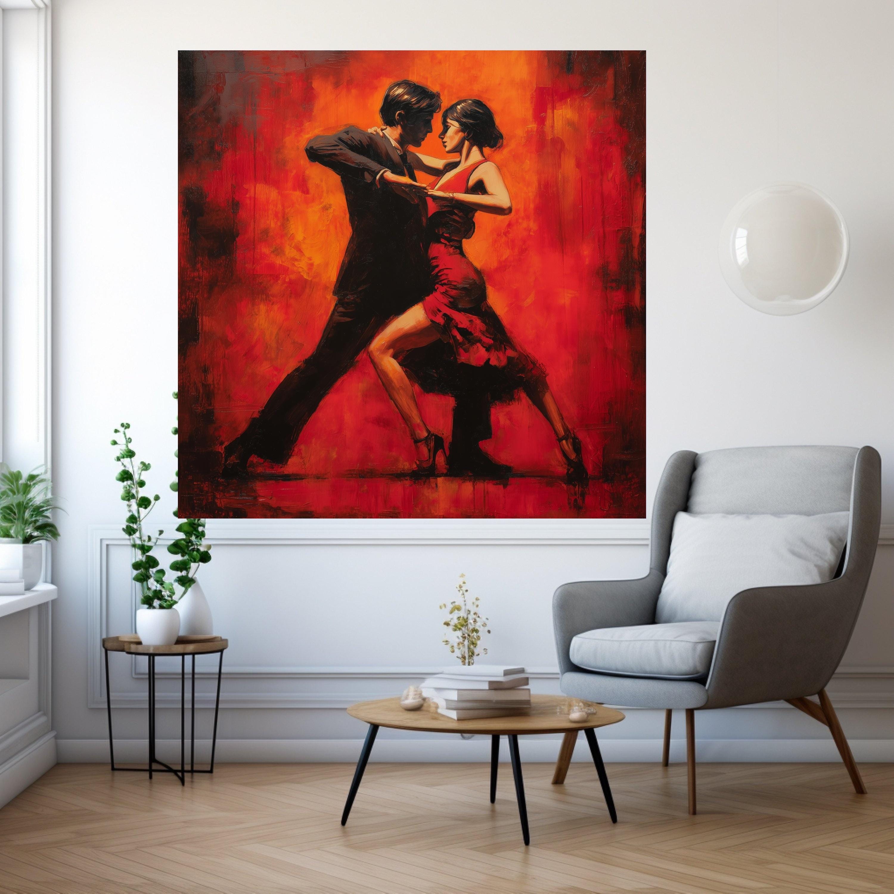 Passionate Tango Dance Couple Canvas, Red Flamenco Dress Wall Art, Romantic Latin Dance Silhouette, Modern Canvas Home Decor, Ready To Hang,