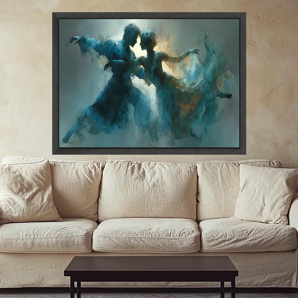 Romantic Ballet Dance Couple Canvas, Abstract Blue Artistic Wall Art, Ethereal Movement Painting, Contemporary Home Decor, Ready To Hang,