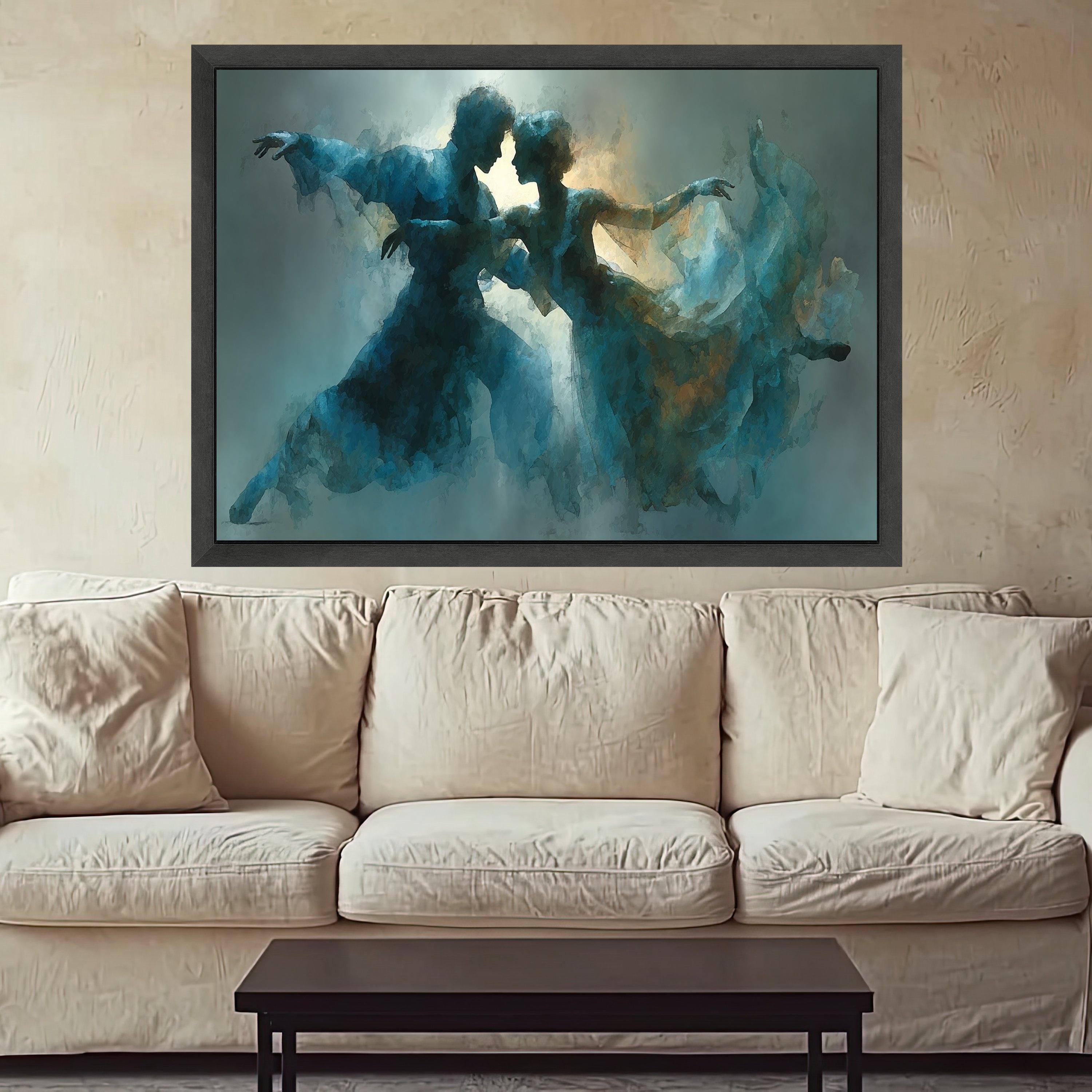Romantic Ballet Dance Couple Canvas, Abstract Blue Artistic Wall Art, Ethereal Movement Painting, Contemporary Home Decor, Ready To Hang,