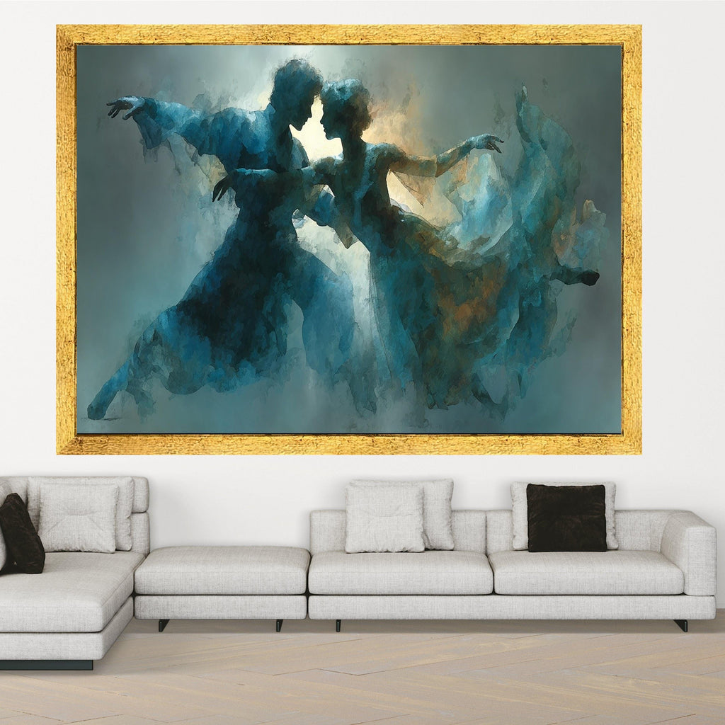Romantic Ballet Dance Couple Canvas, Abstract Blue Artistic Wall Art, Ethereal Movement Painting, Contemporary Home Decor, Ready To Hang,