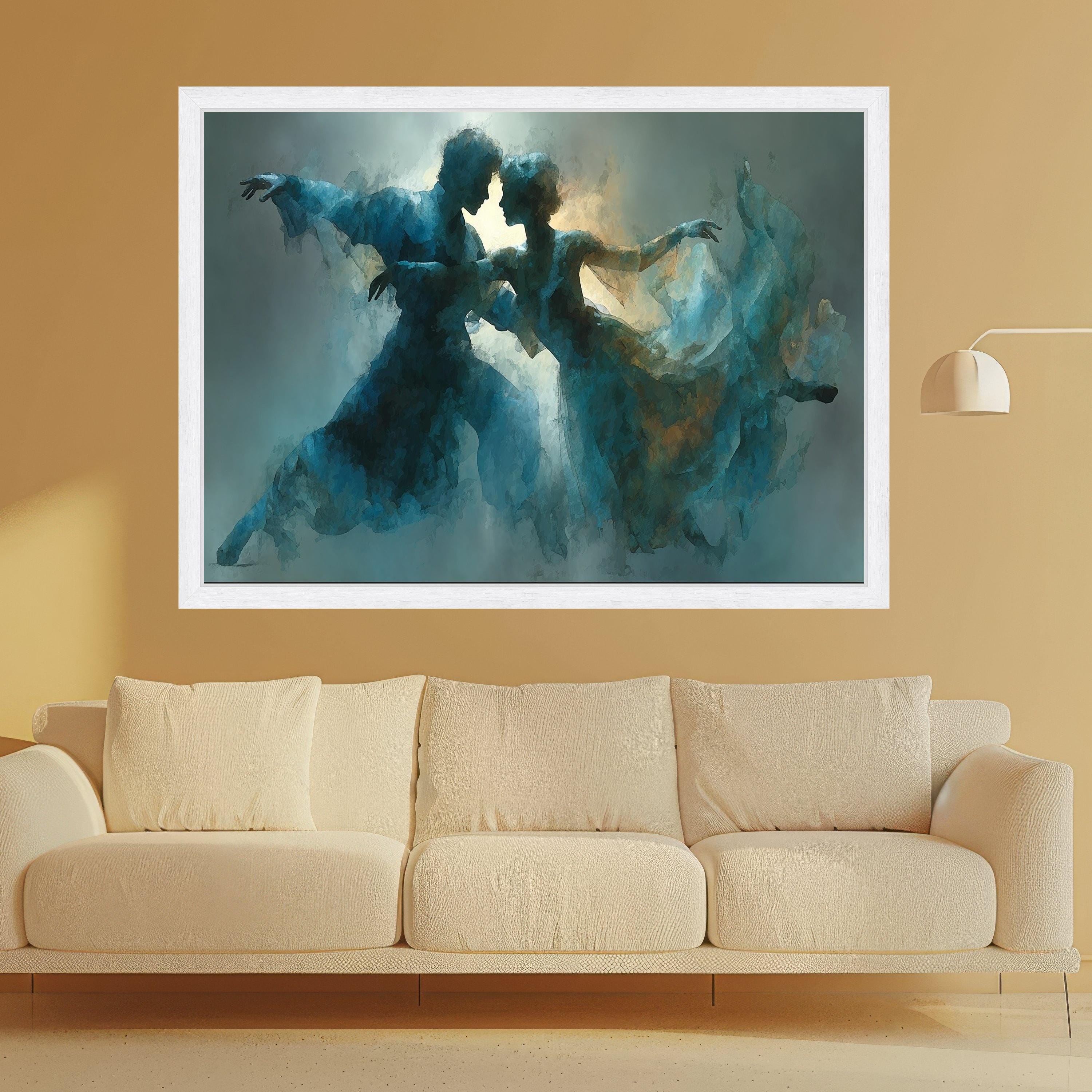 Romantic Ballet Dance Couple Canvas, Abstract Blue Artistic Wall Art, Ethereal Movement Painting, Contemporary Home Decor, Ready To Hang,