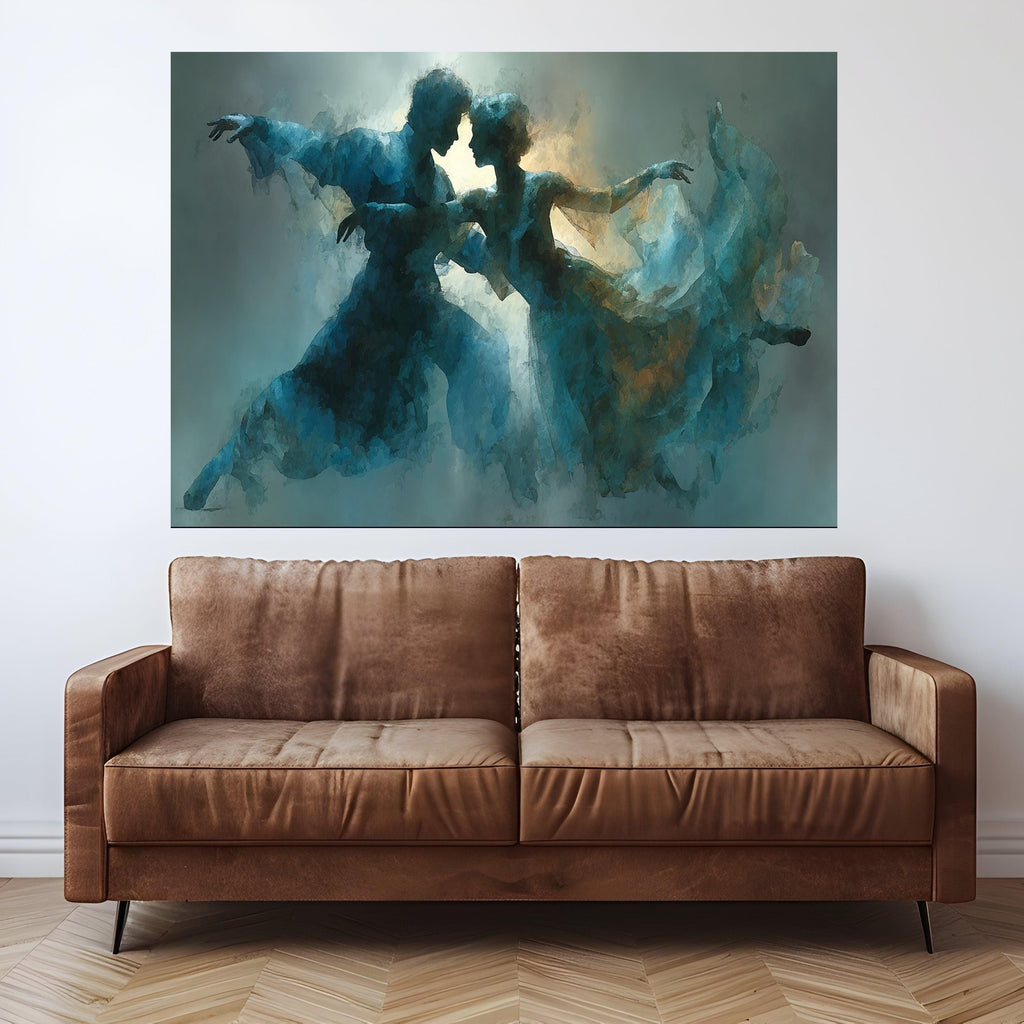 Romantic Ballet Dance Couple Canvas, Abstract Blue Artistic Wall Art, Ethereal Movement Painting, Contemporary Home Decor, Ready To Hang,