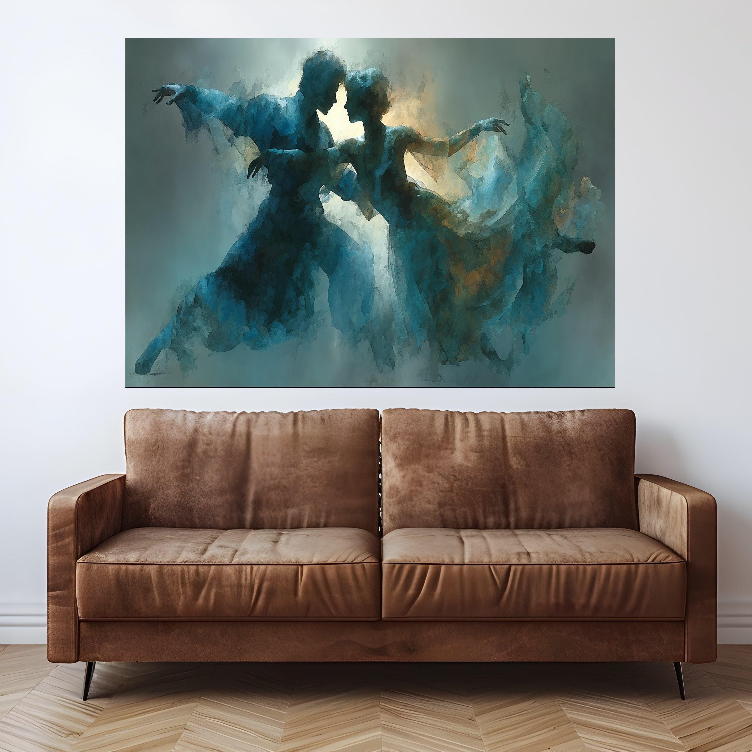 Romantic Ballet Dance Couple Canvas, Abstract Blue Artistic Wall Art, Ethereal Movement Painting, Contemporary Home Decor, Ready To Hang,