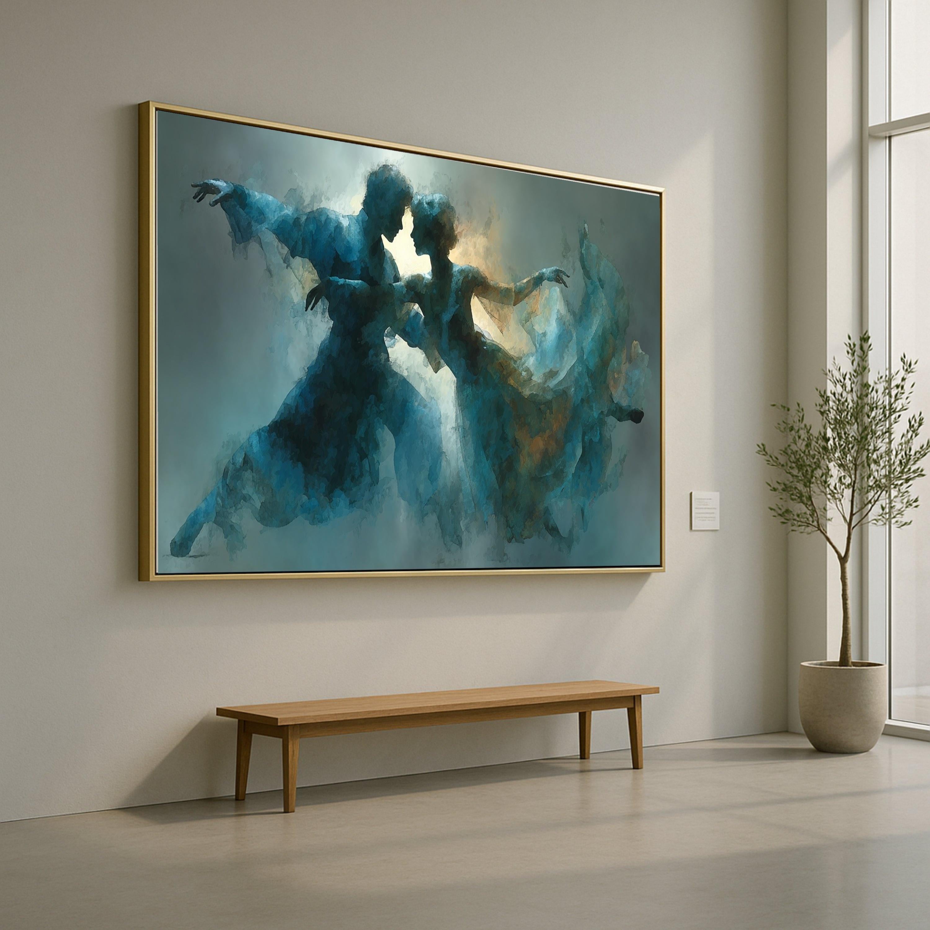 Romantic Ballet Dance Couple Canvas, Abstract Blue Artistic Wall Art, Ethereal Movement Painting, Contemporary Home Decor, Ready To Hang,